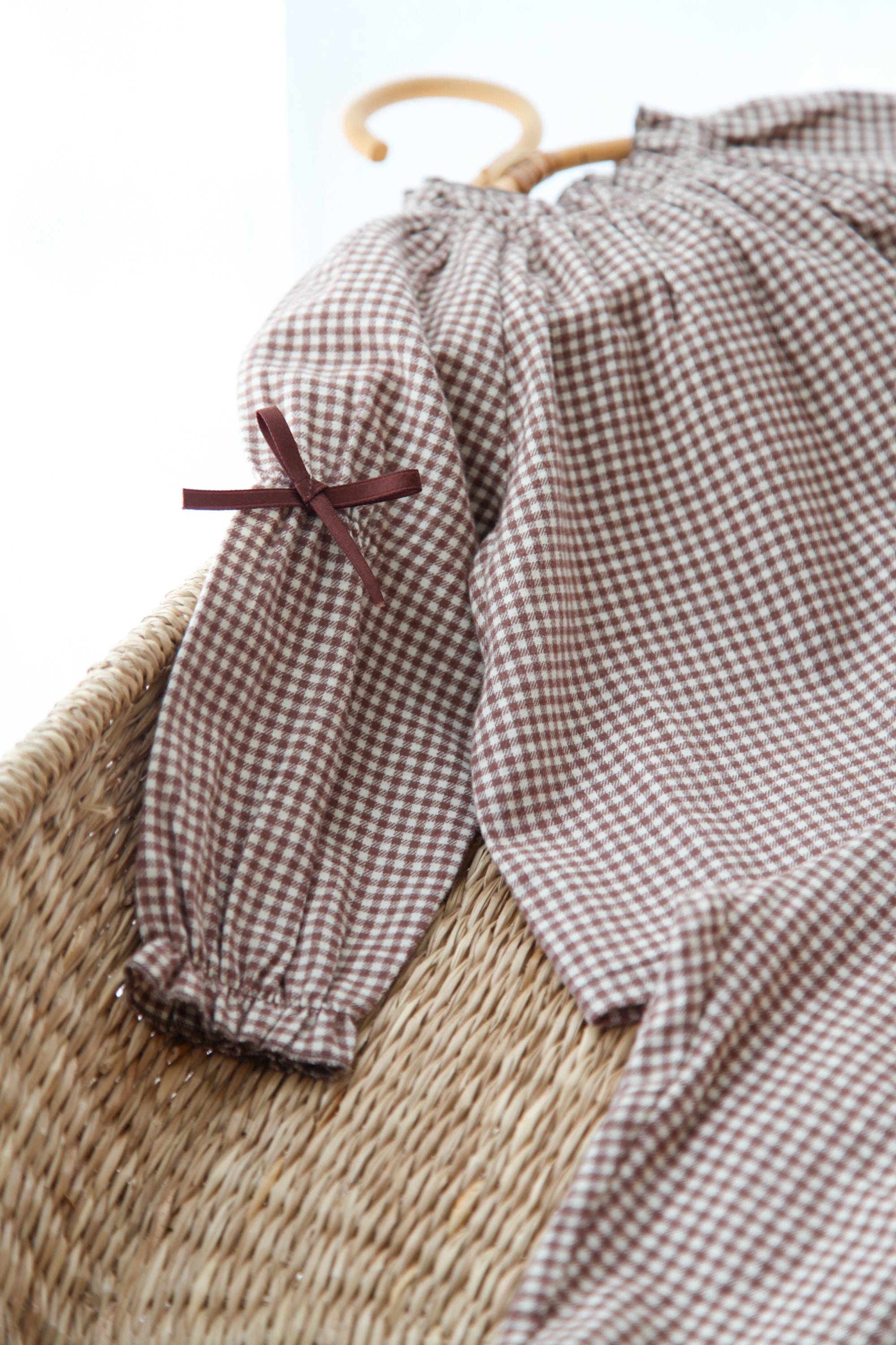 Brown/Gingham Bow Sleeve Blouse