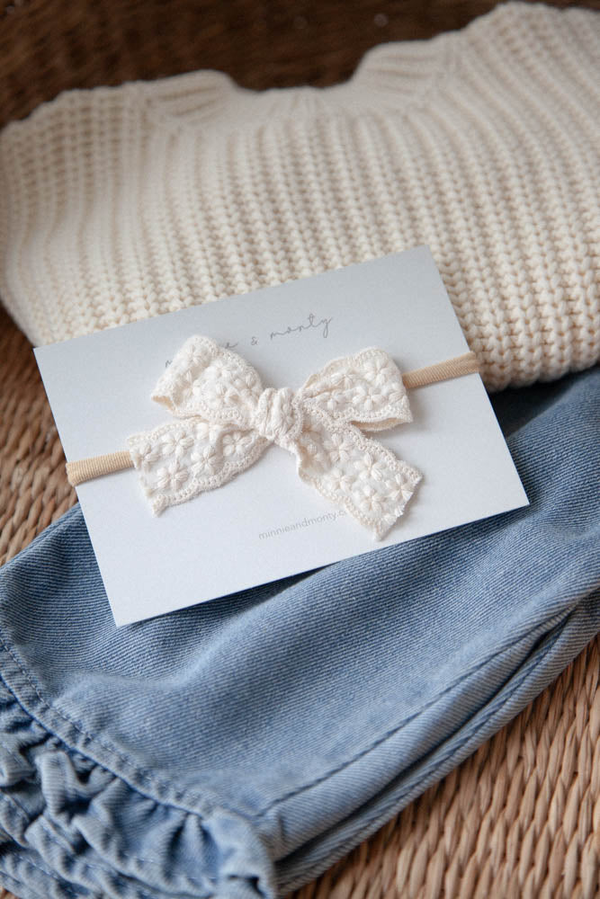 Cream Embroidered Bow Medium Headband