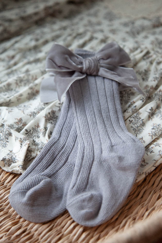 Charcoal Velvet Bow Knee High Socks