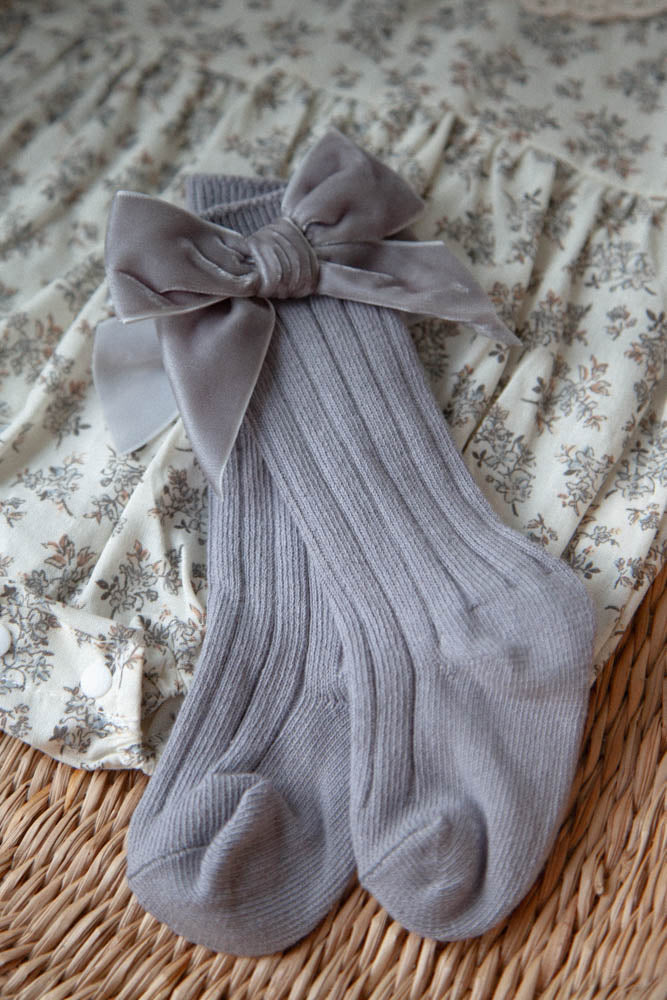 Charcoal Velvet Bow Knee High Socks