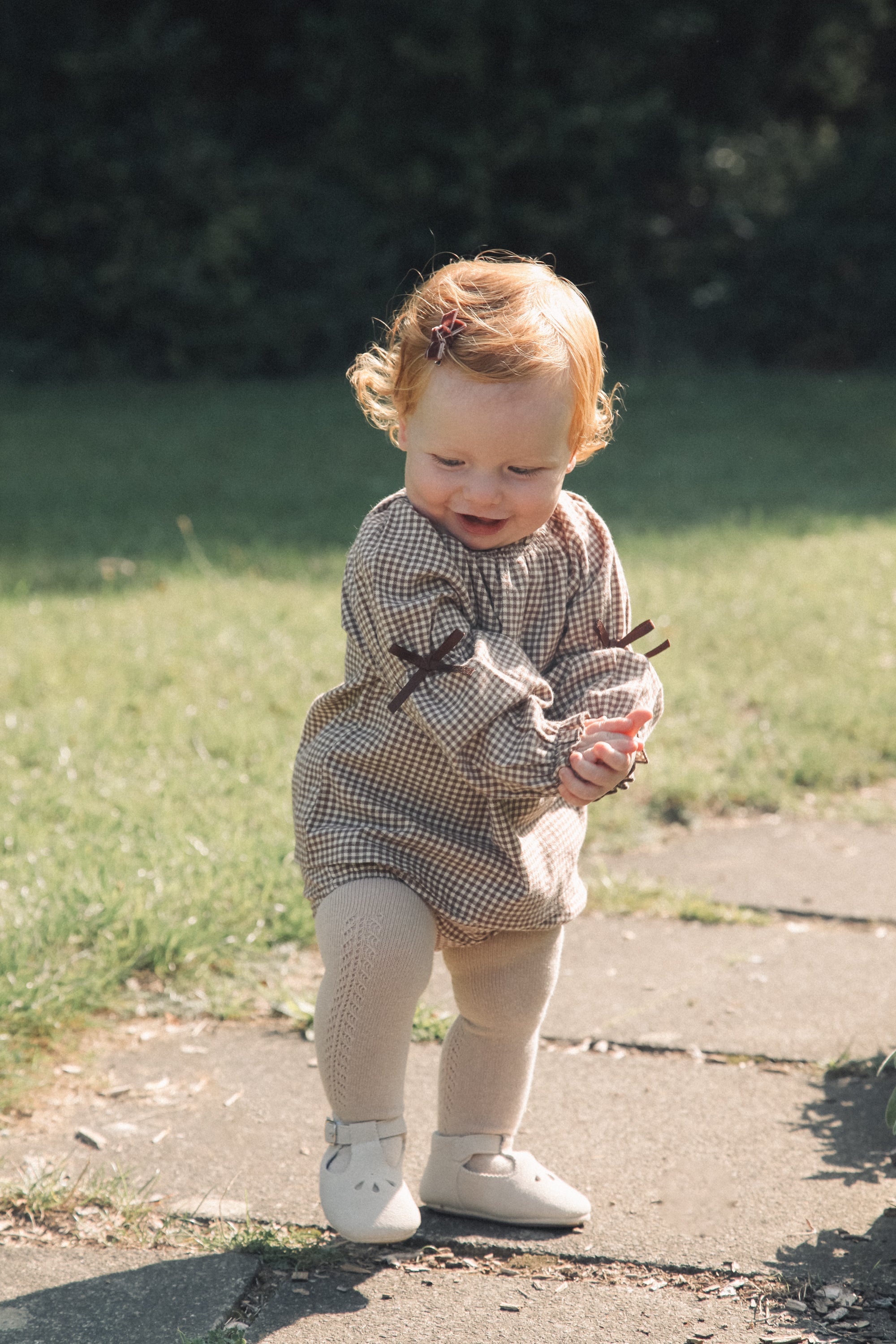 Brown/Gingham Bow Sleeve Blouse & Bloomer Set