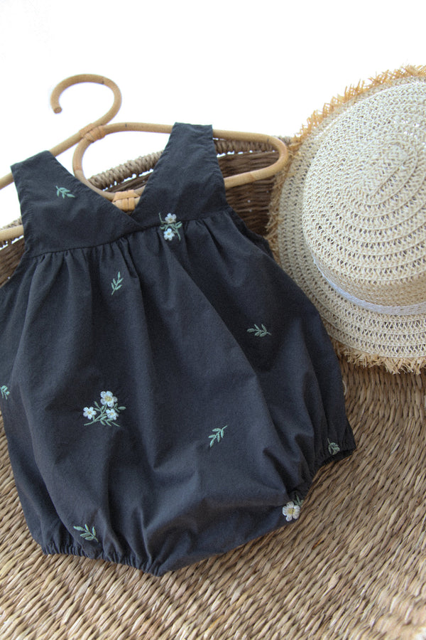 Charcoal Embroidered Flower Summer Romper