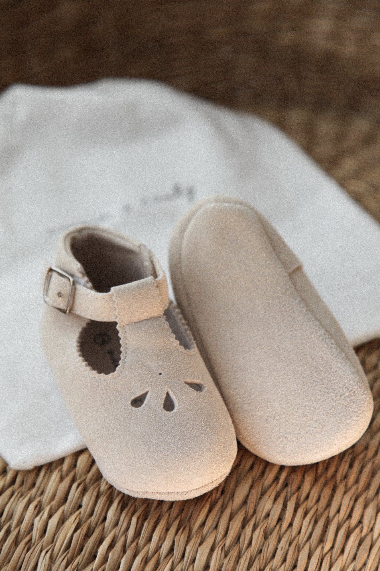 Stone Suede T-Bar Baby Shoes (& dust bag)