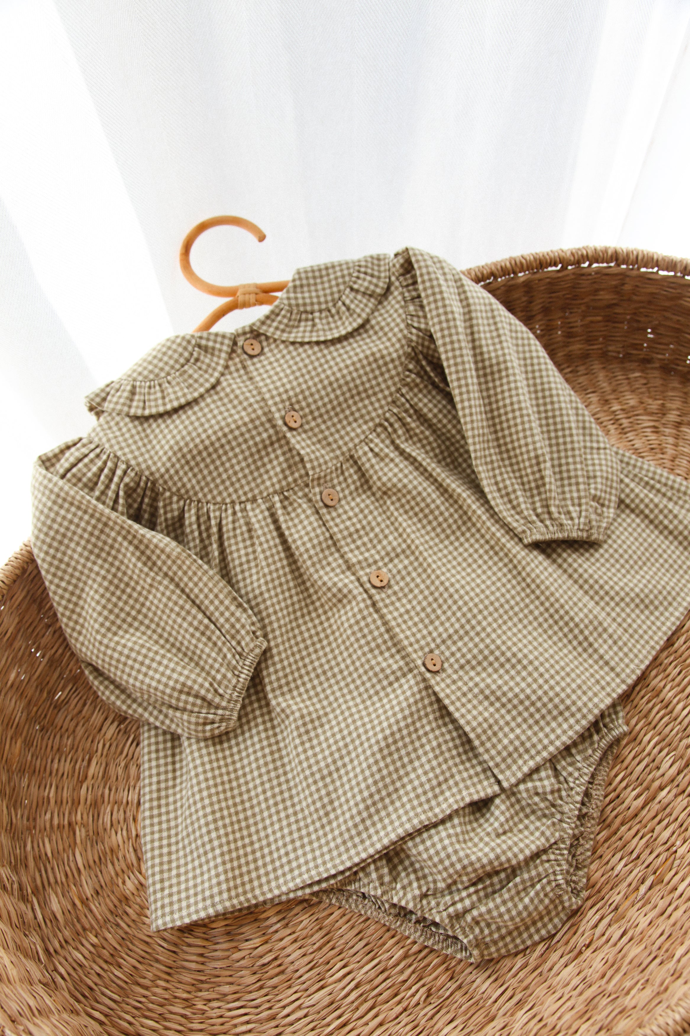 Olive/Gingham Frill Collar Top & Bloomer Set