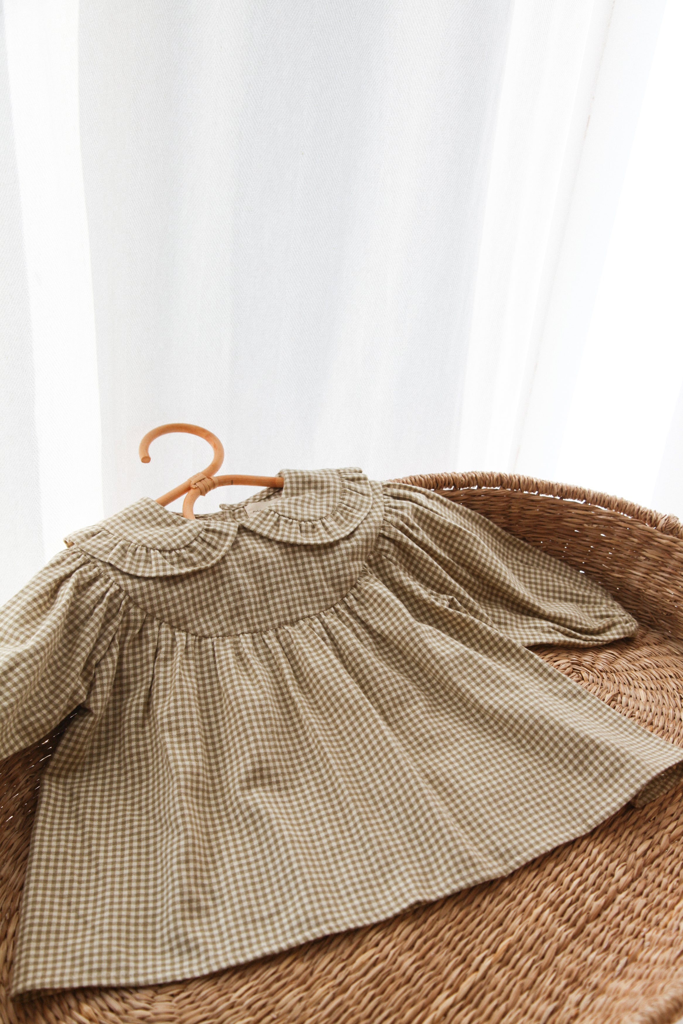 Childrens Olive/Gingham Frill Collar Top