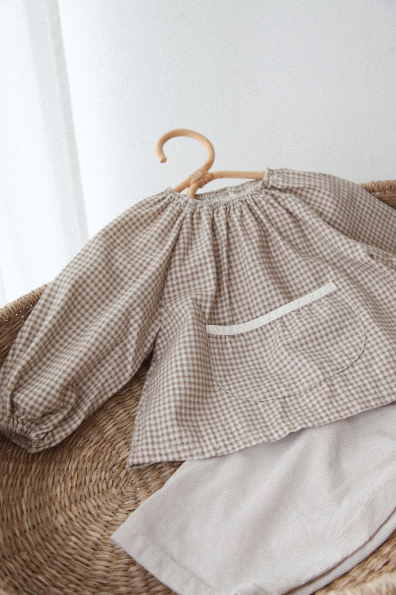 Brown Gingham Pocket Puff Sleeve Blouse