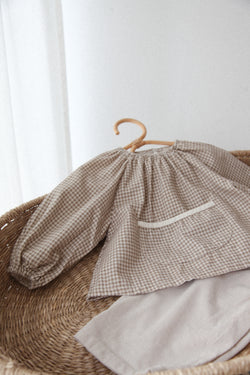 Brown Gingham Pocket Puff Sleeve Blouse