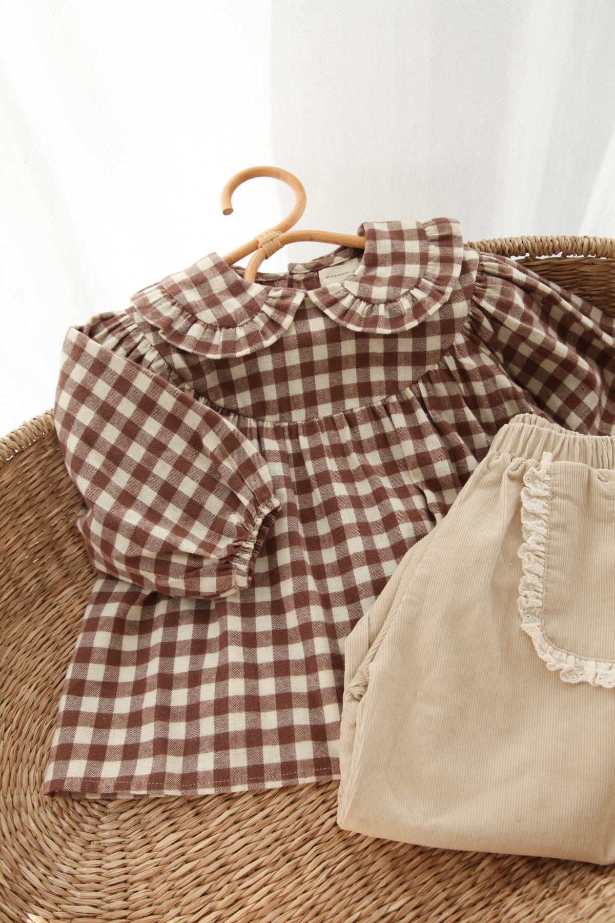 Childrens Brown/Check Frill Collar Oversized Top