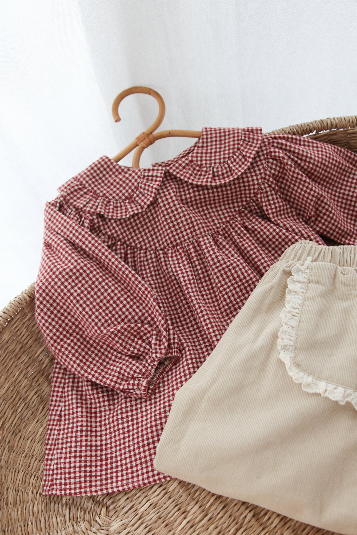 Childrens Berry/Gingham Frill Collar Top