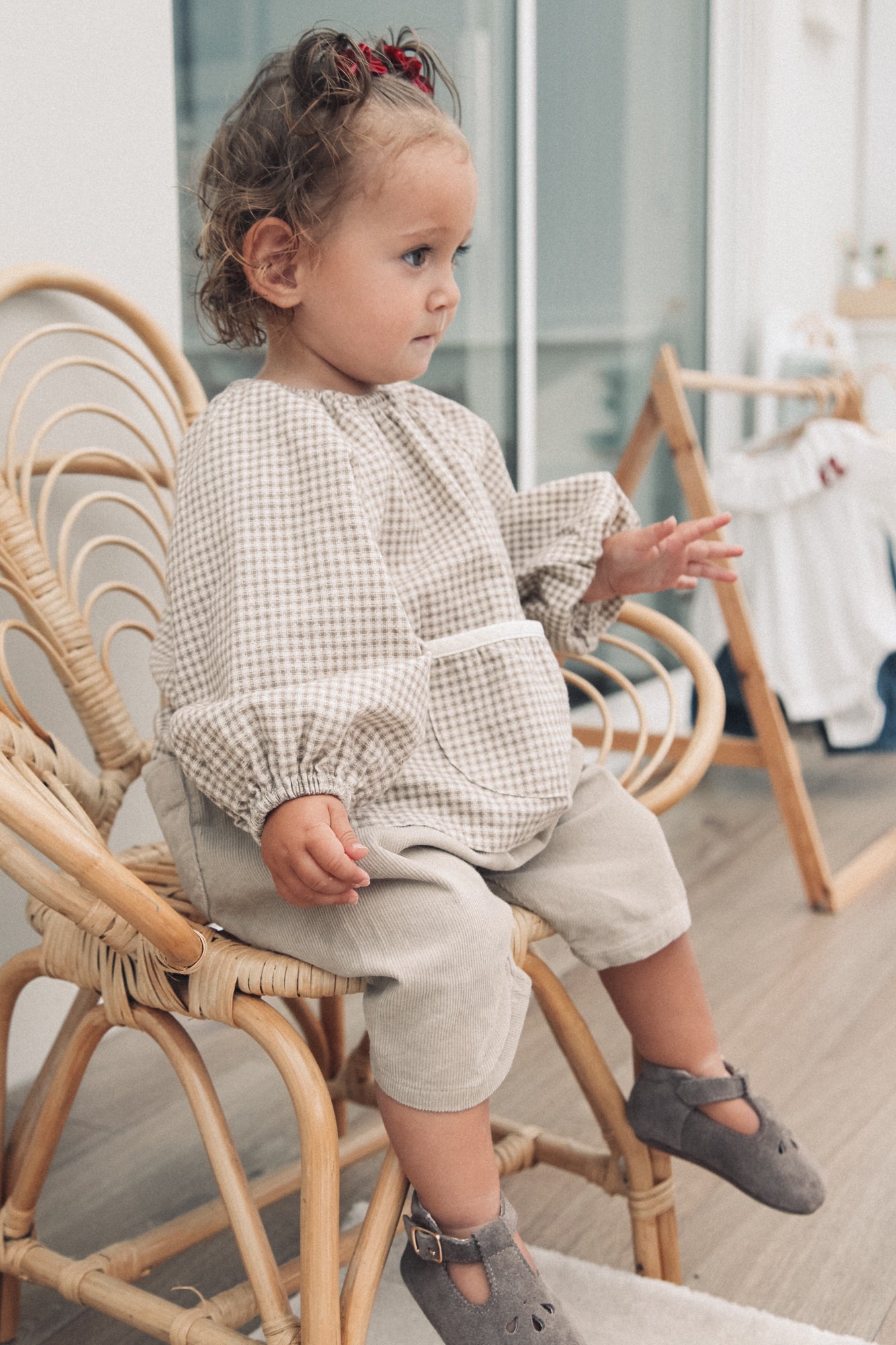 Brown Gingham Pocket Puff Sleeve Blouse