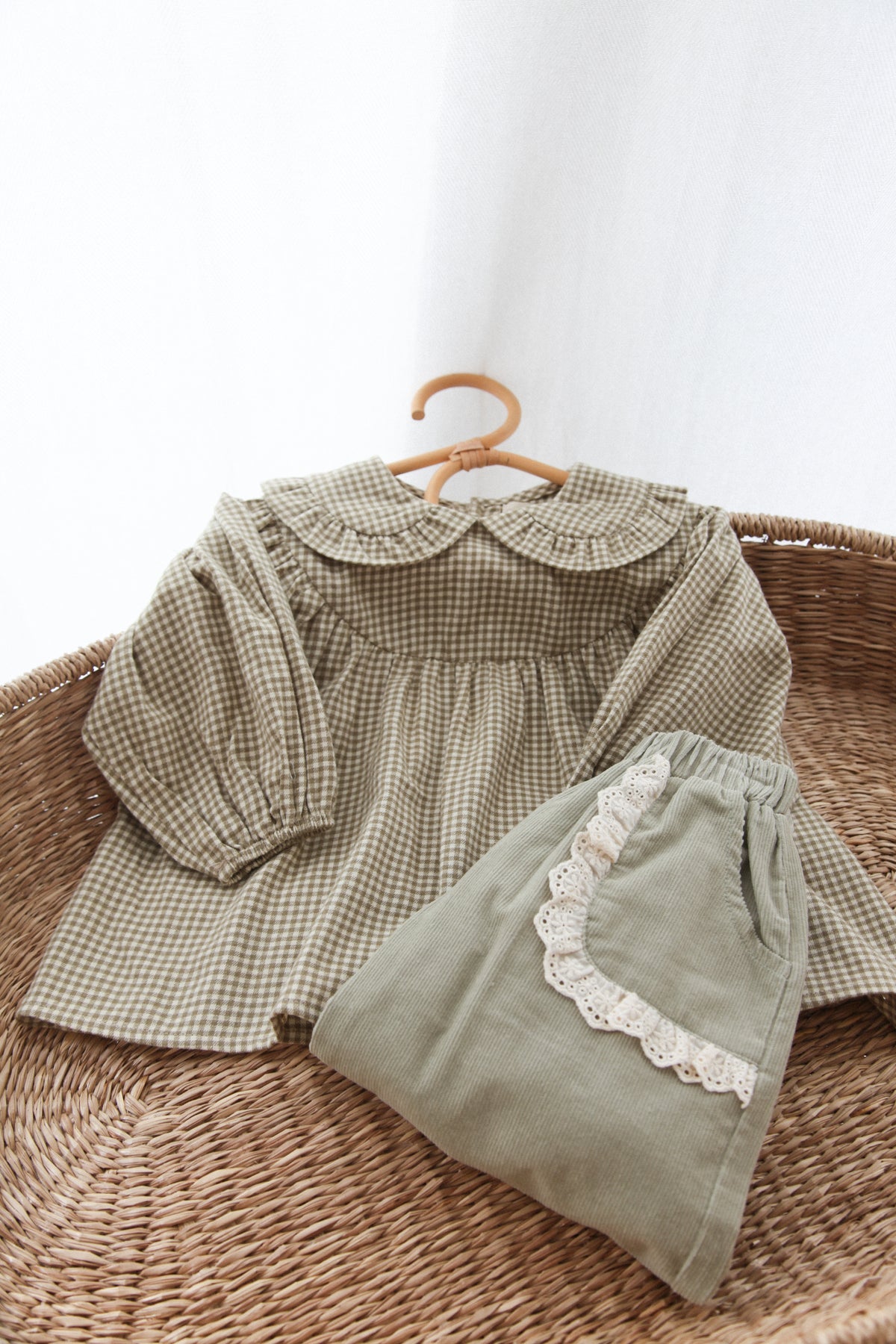 Dusky Green/Cord Broderie Frill Pocket Wide Leg Trousers