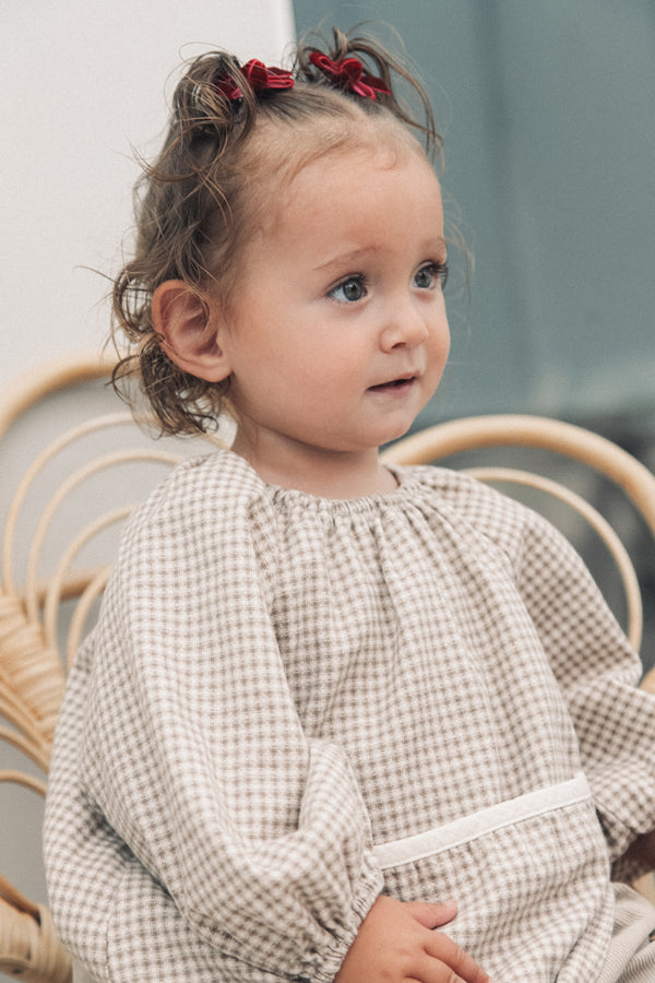 Brown Gingham Pocket Puff Sleeve Blouse