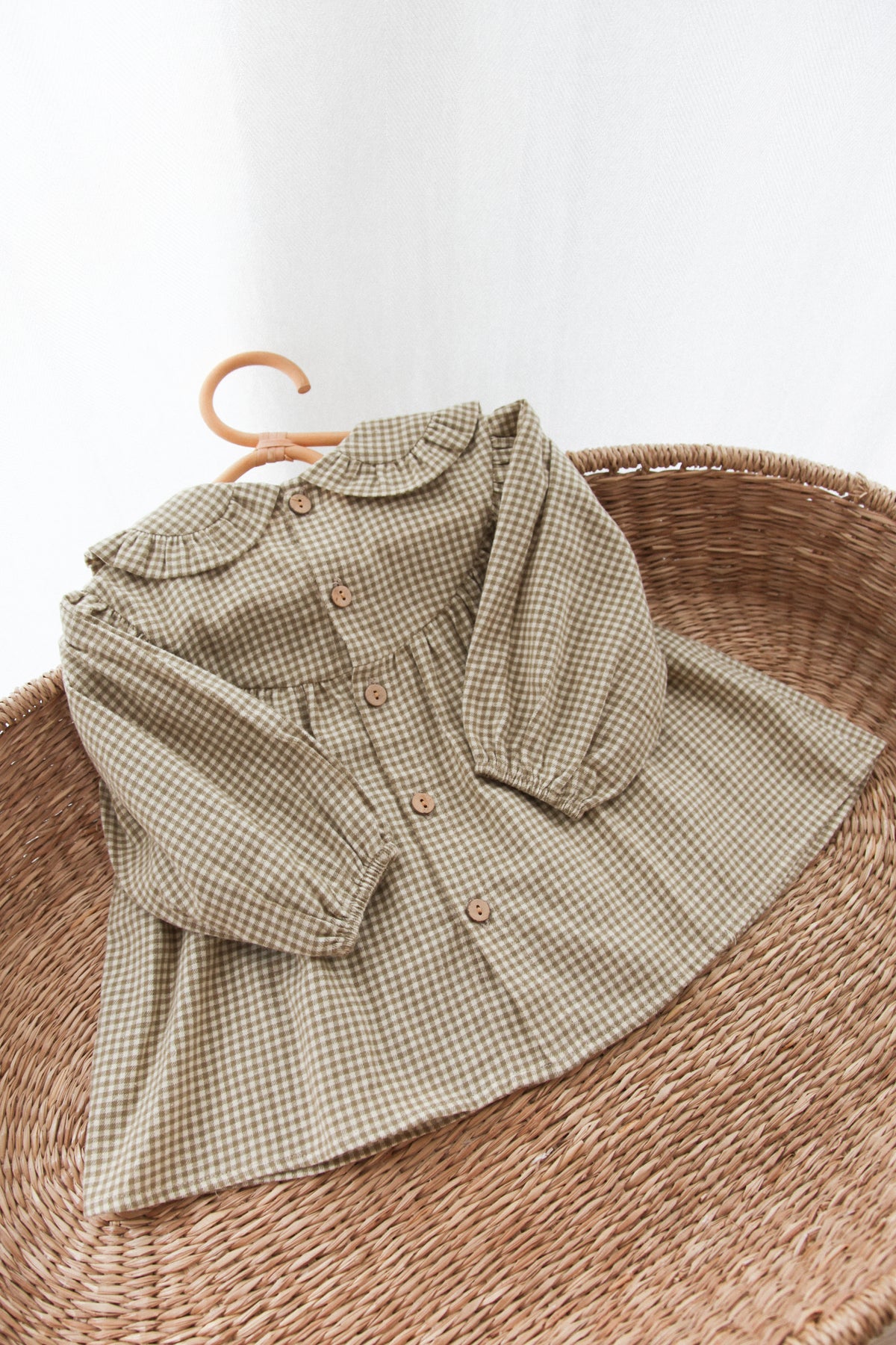 Childrens Olive/Gingham Frill Collar Top