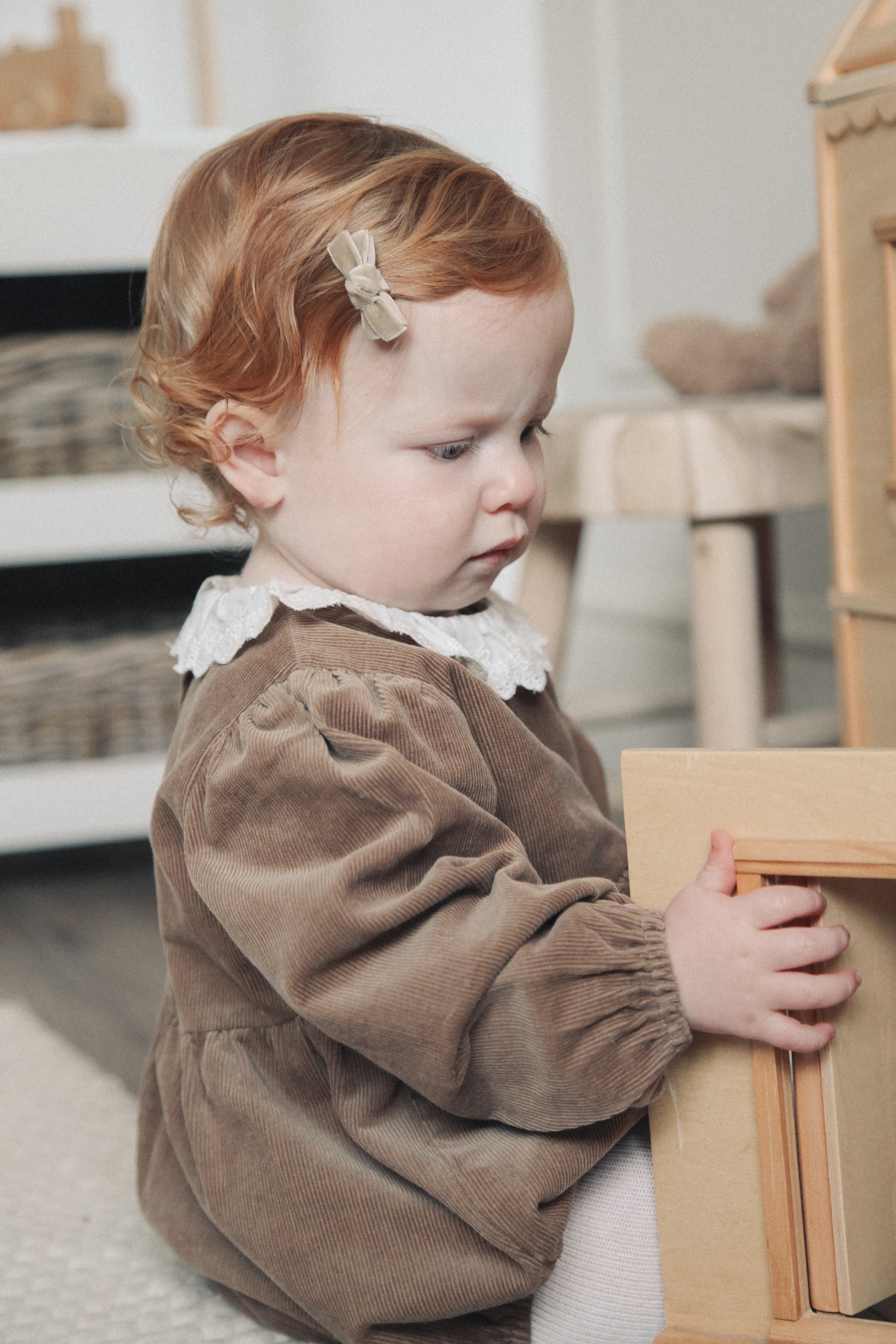 PRE-ORDER Brown/Cord Frill Collar Long Sleeve Romper