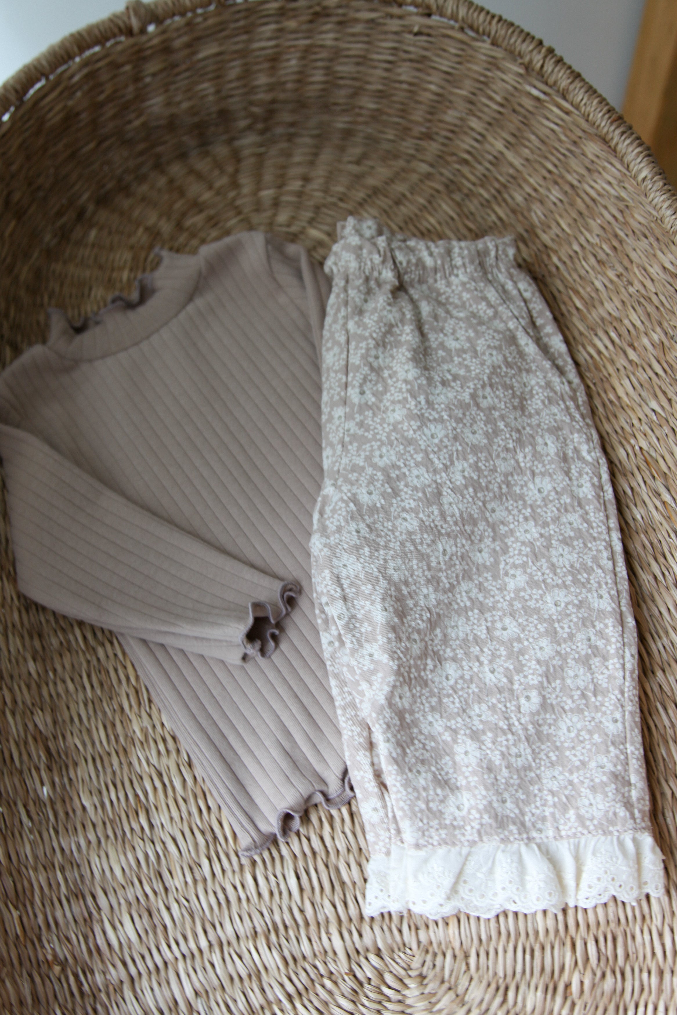 Light Beige/Floral Embroidered Frill Hem Trousers