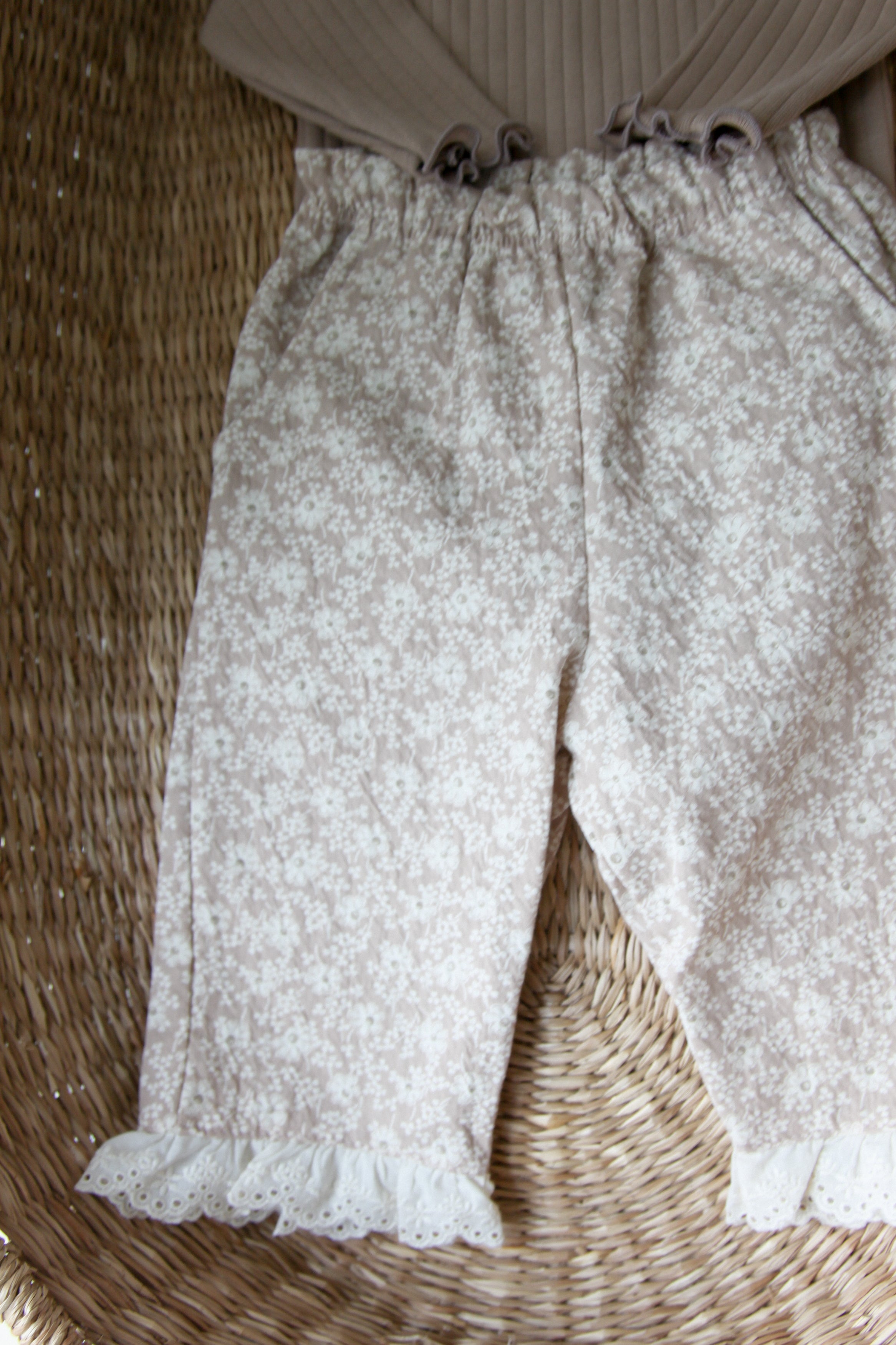 Light Beige/Floral Embroidered Frill Hem Trousers