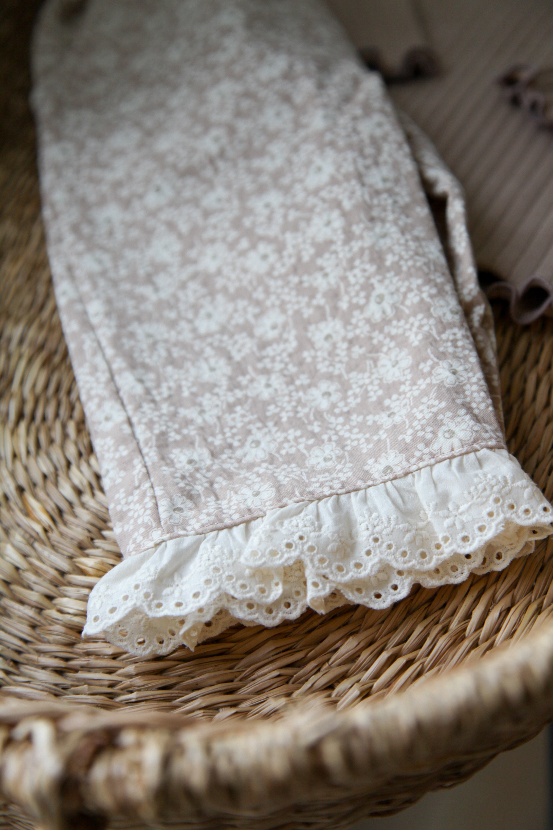 Light Beige/Floral Embroidered Frill Hem Trousers