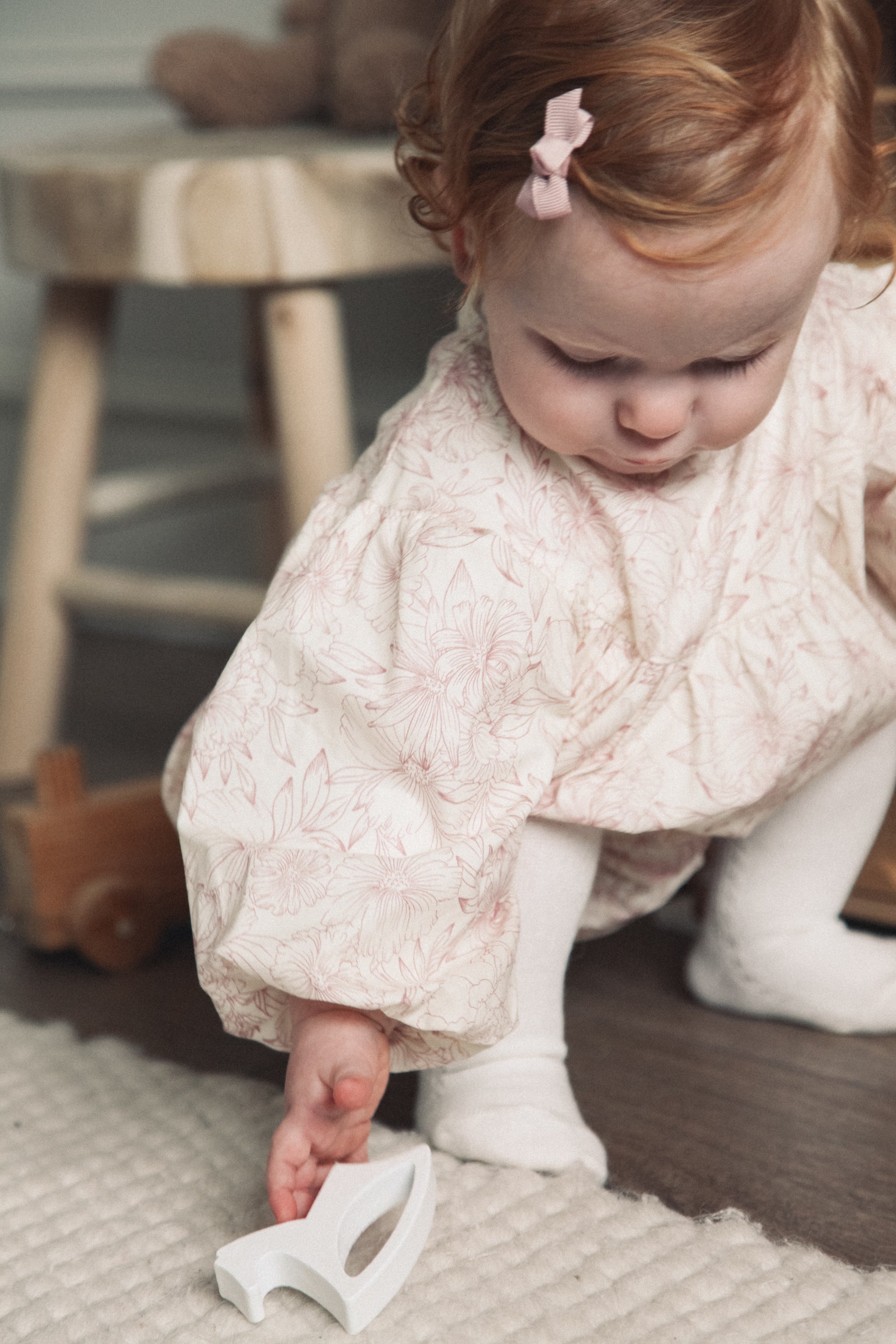 Pink/Toile Floral Long Puff Sleeve Romper