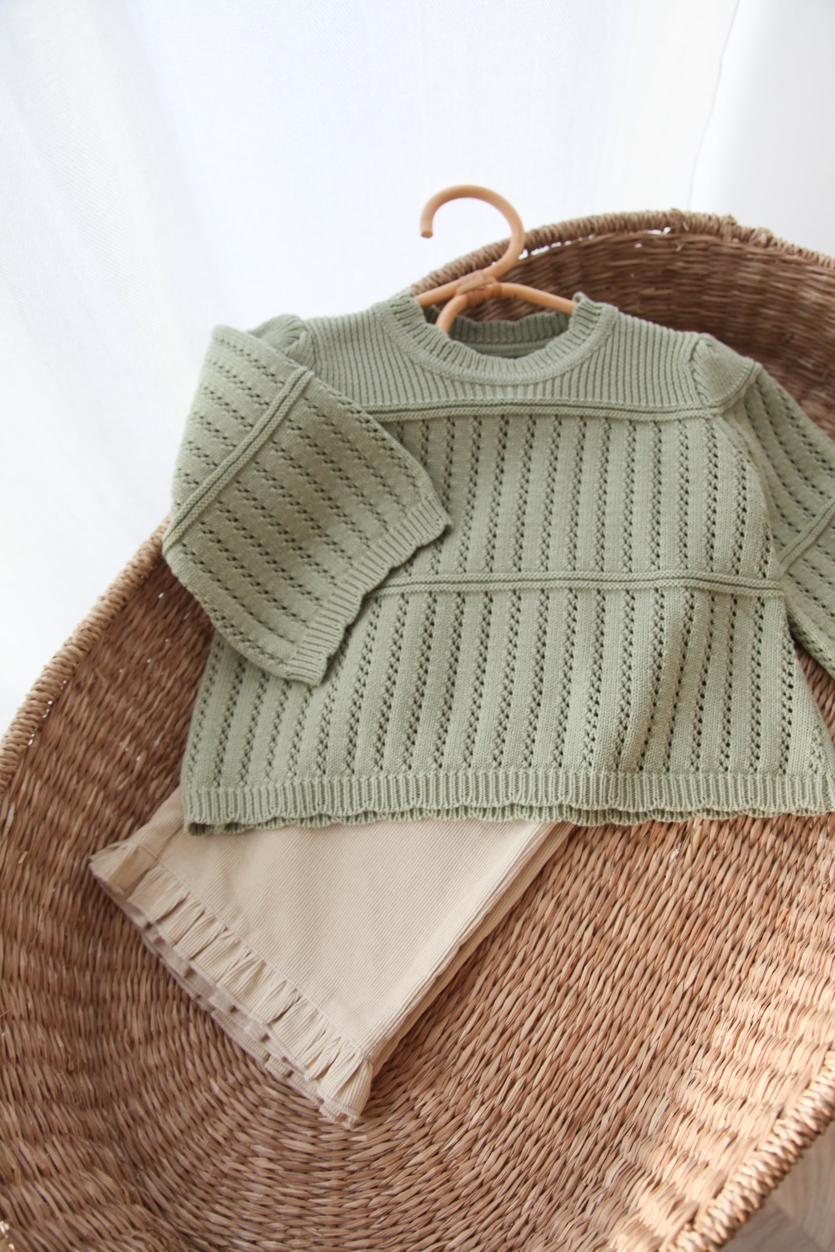 Sage Green Organic Cotton Flare Sleeve Openwork Knit Jumper