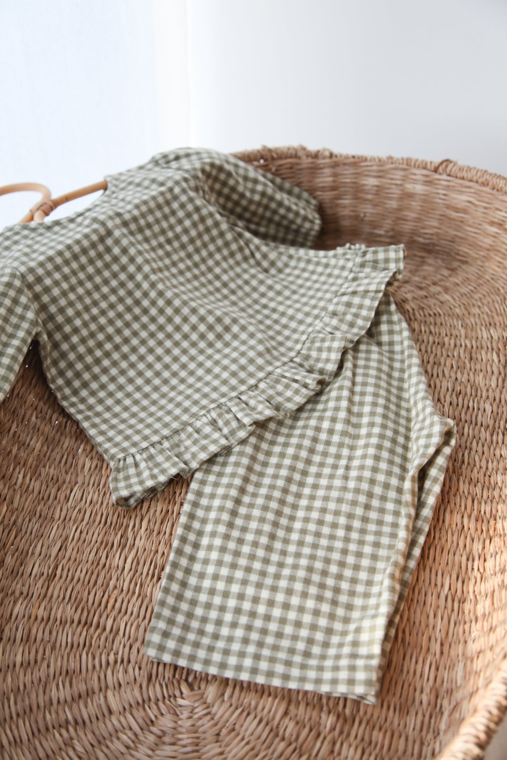 Sage/Green Gingham Cotton Frill Button Back Top