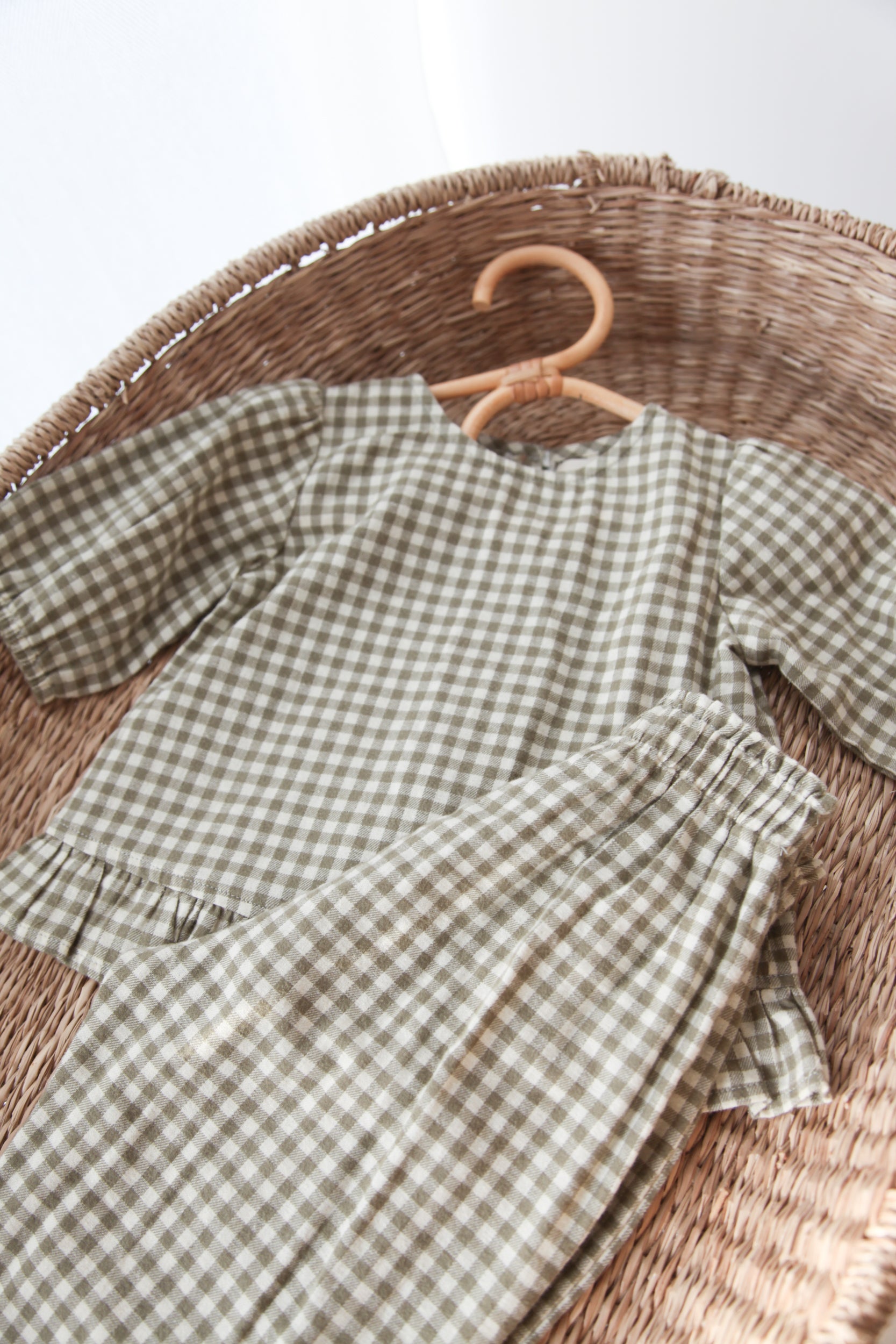 WHOLESALE Sage Green/Gingham Brushed Cotton Wide Leg Trousers