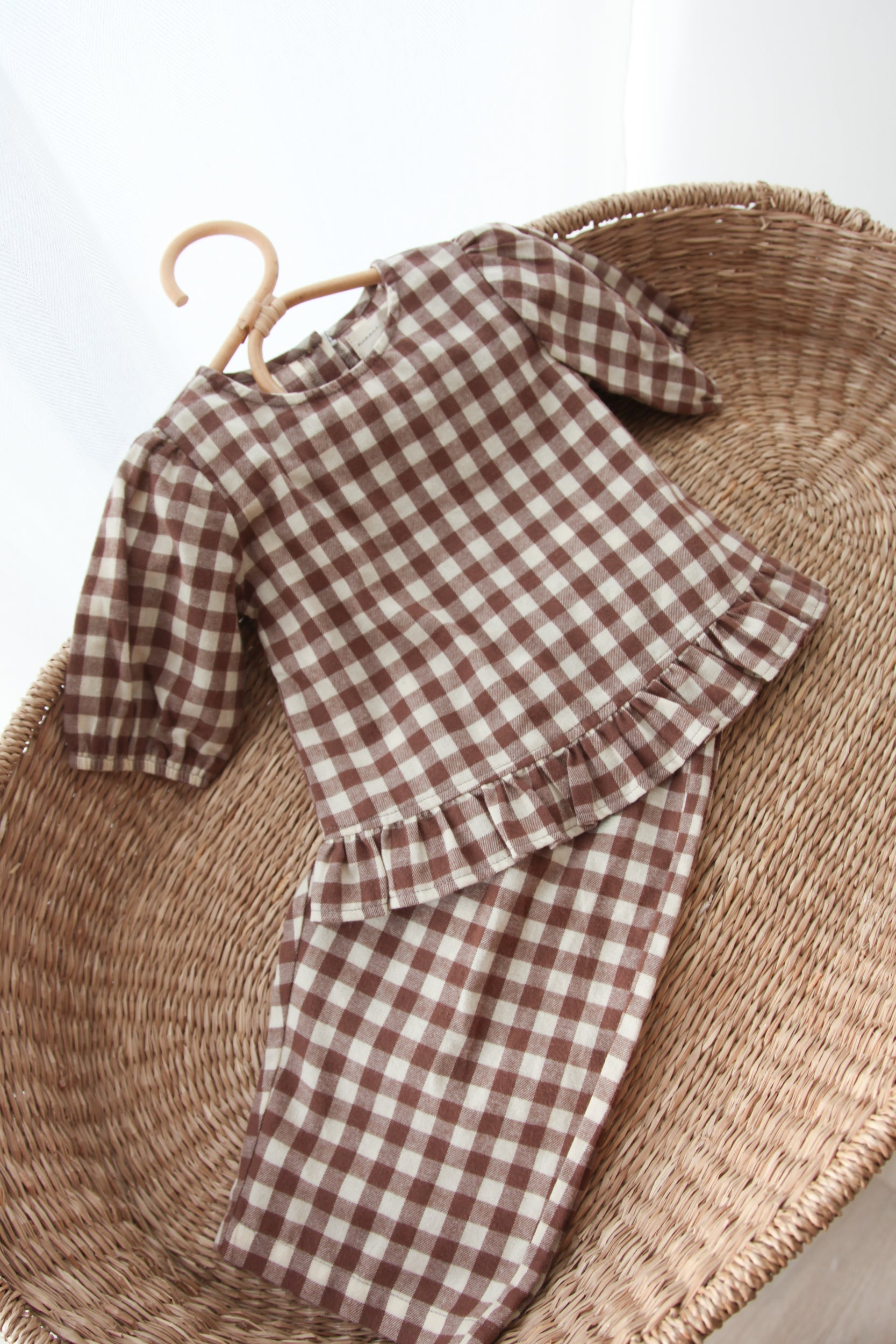 Brown/Check Cotton Button Back Frill Top