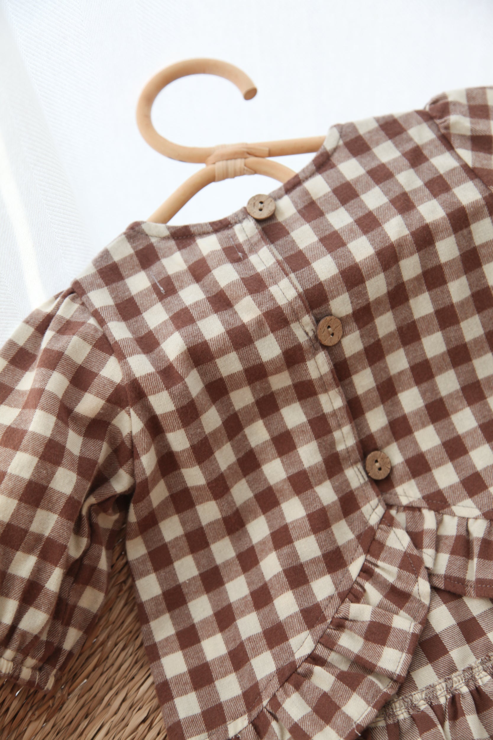Brown/Check Cotton Button Back Frill Top