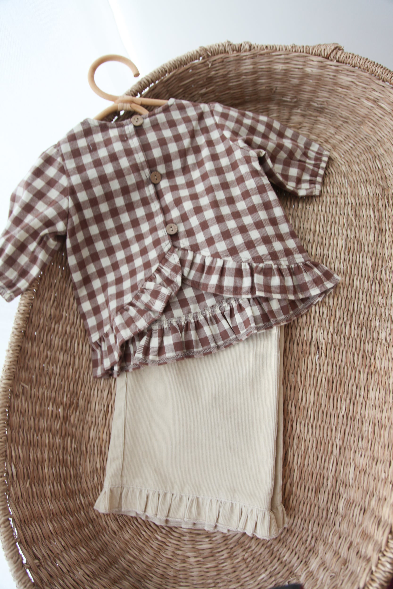 Brown/Check Cotton Button Back Frill Top