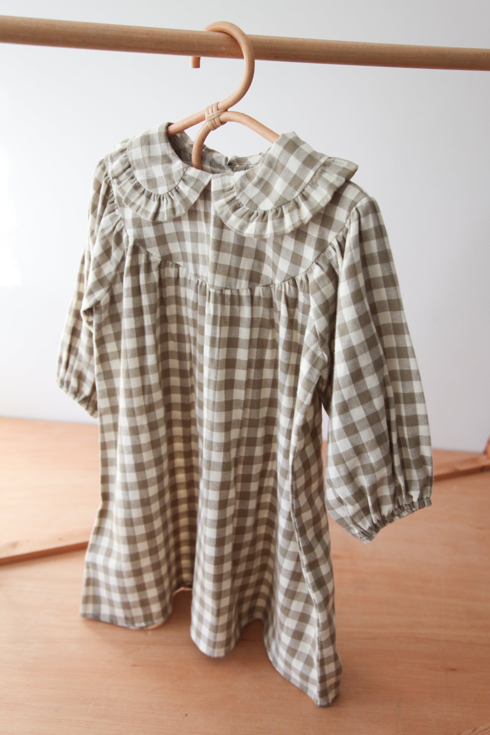 Sage Green/Check Frill Collar Smock Dress