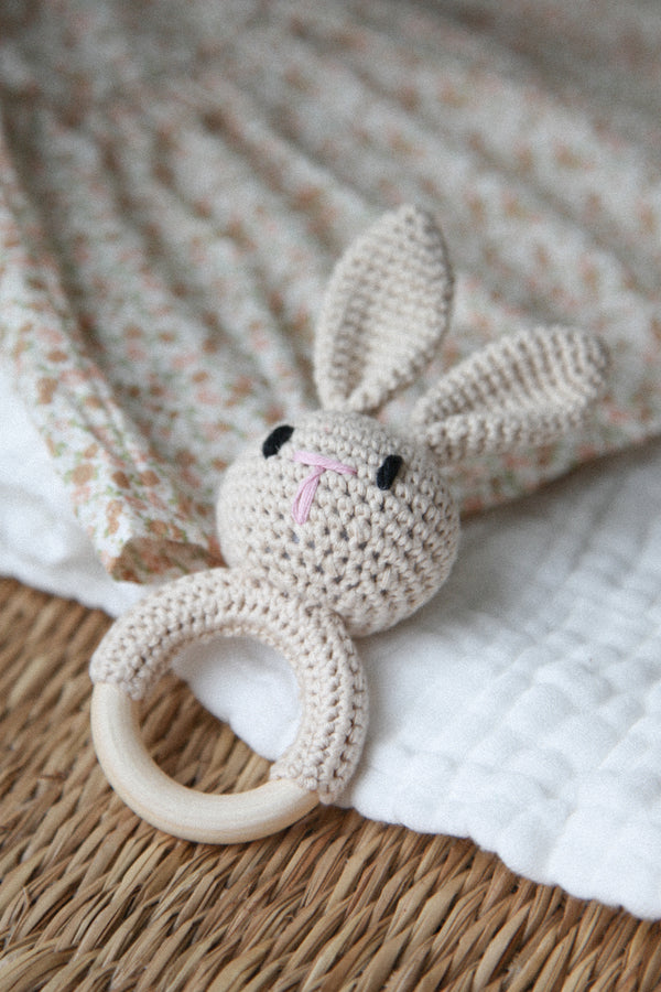 Beige Bunny Rabbit Knitted Baby Rattle