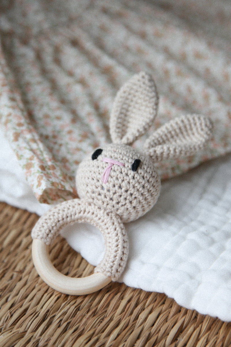 Beige Bunny Rabbit Knitted Baby Rattle