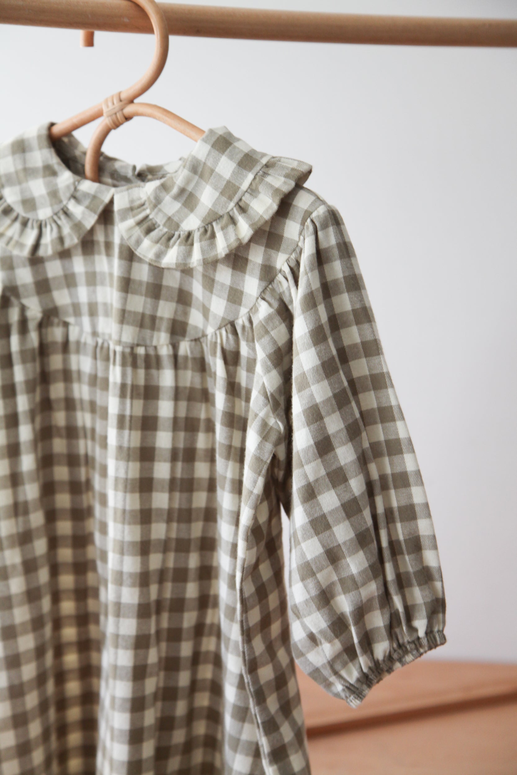 WHOLESALE Sage Green/Check Frill Collar Smock Dress