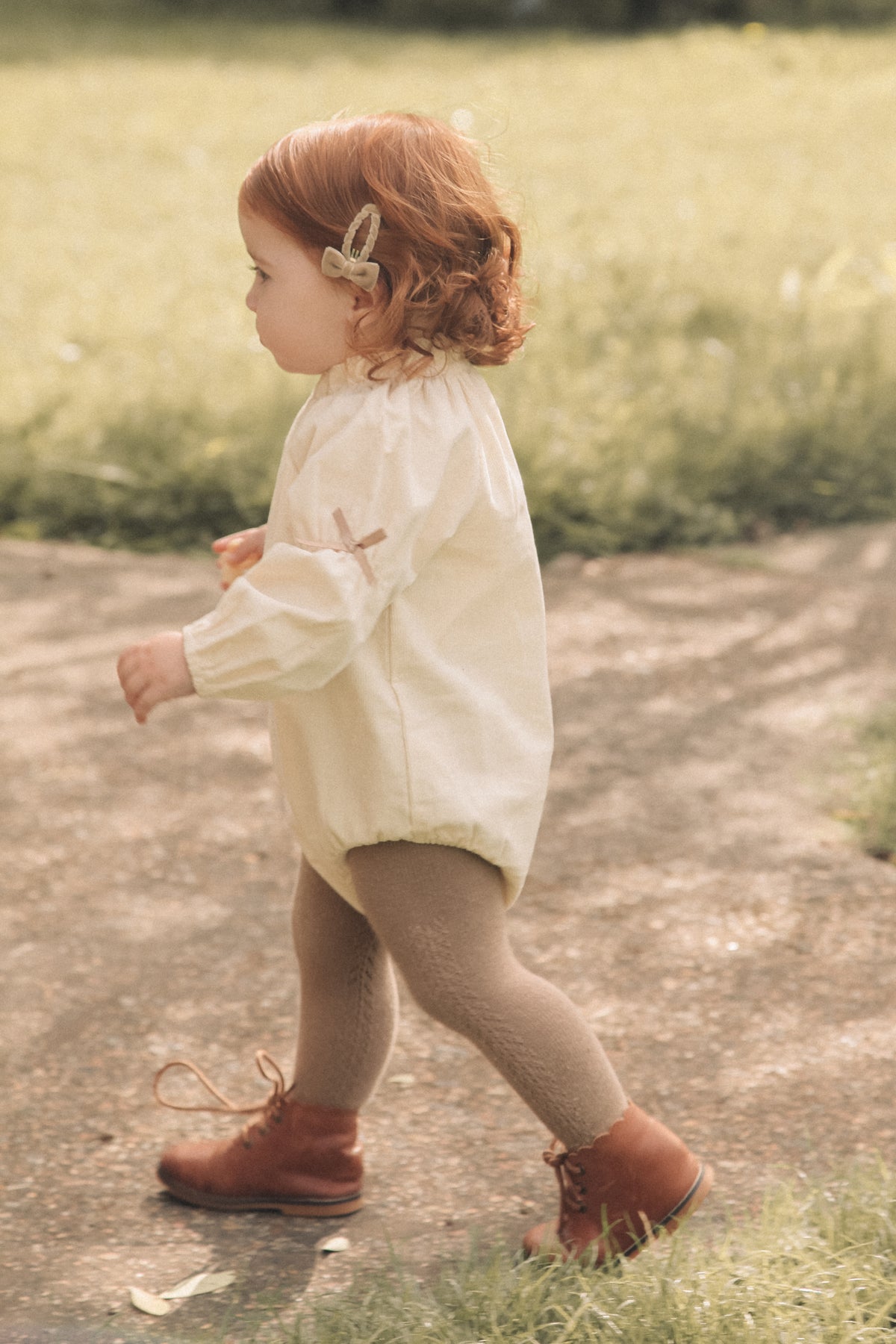 Cream/Cord Bow Long Sleeve Romper