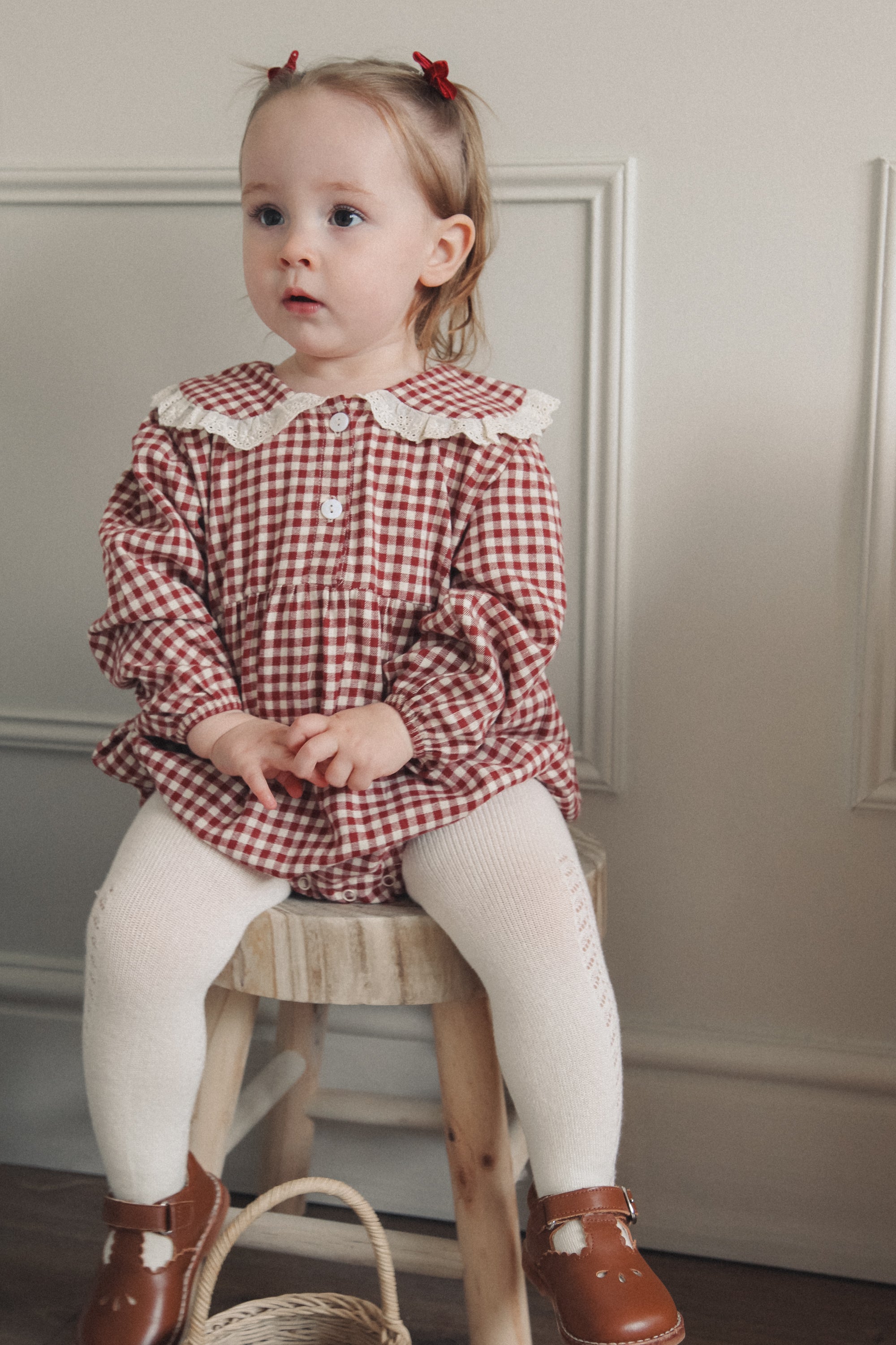 Berry/Gingham Oversized Frill Collar Romper