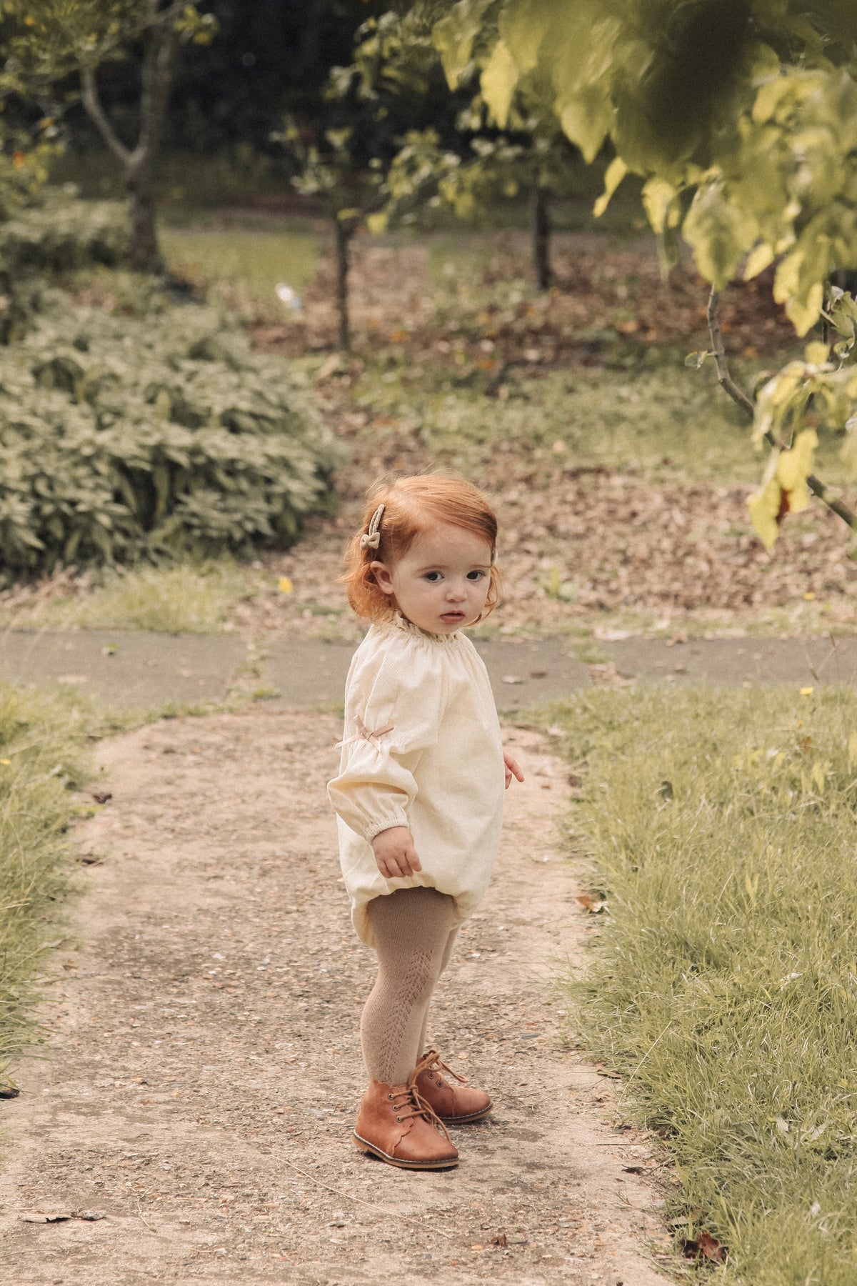 Cream/Cord Bow Long Sleeve Romper