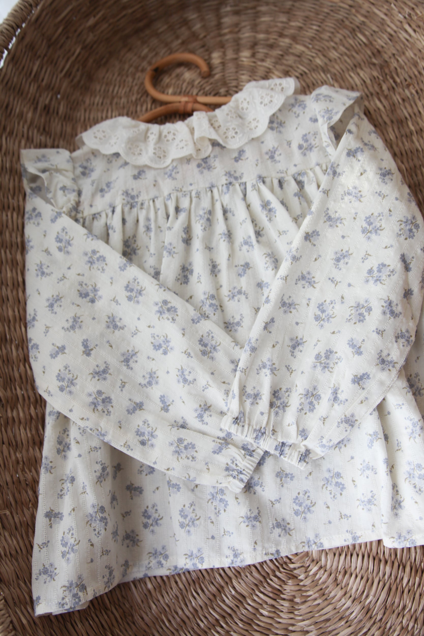 Dusky Blue Floral/Embroidered Collar Smocked Blouse