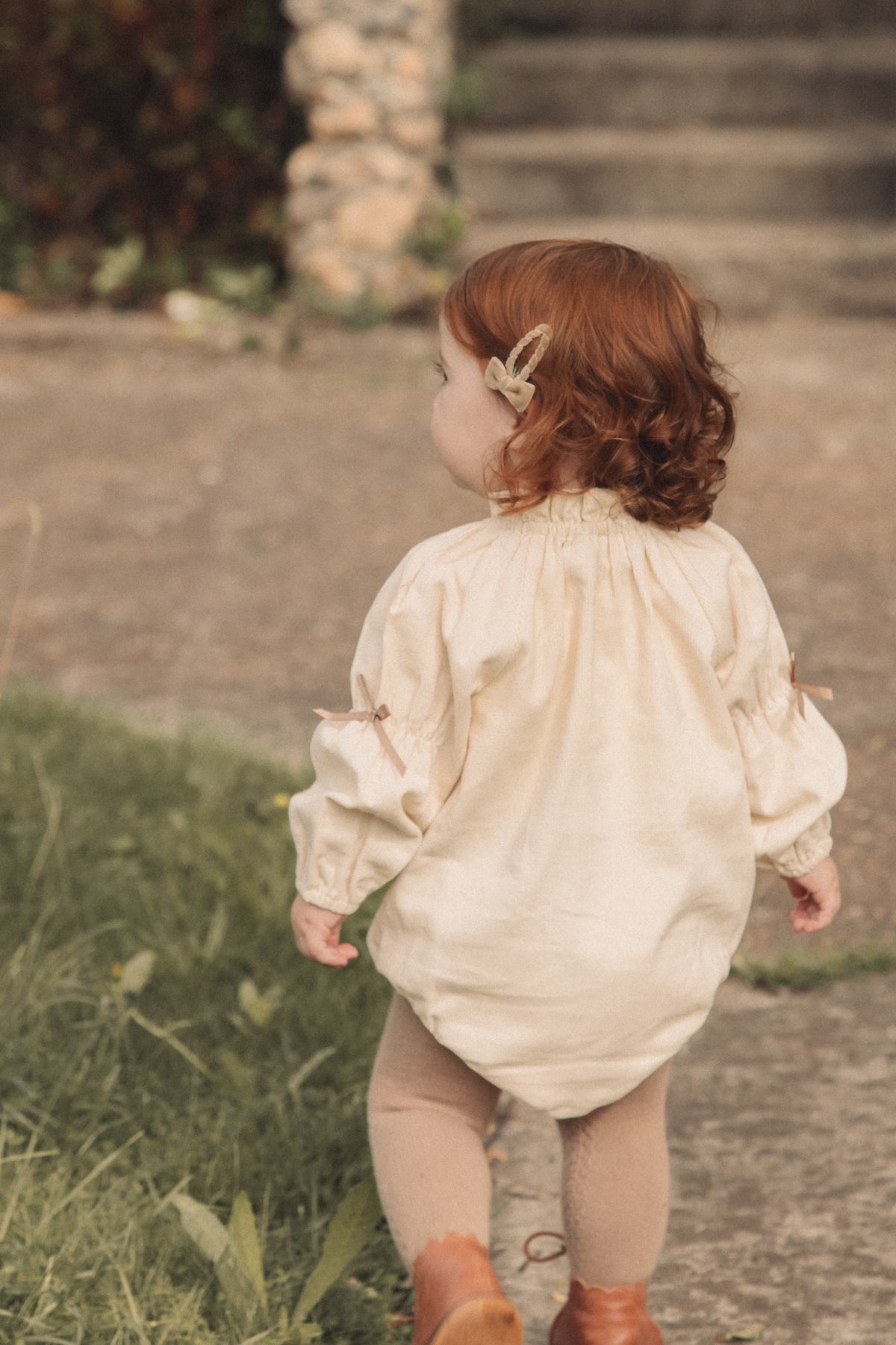 Cream/Cord Bow Long Sleeve Romper