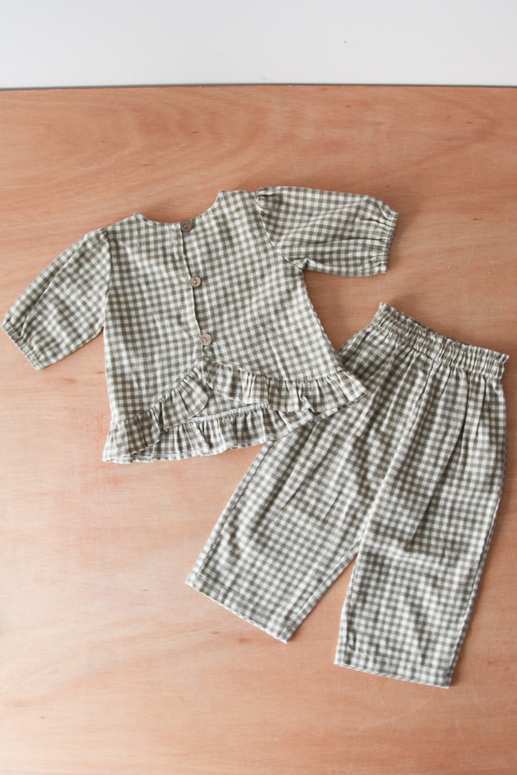 Sage/Green Gingham Cotton Frill Button Back Top