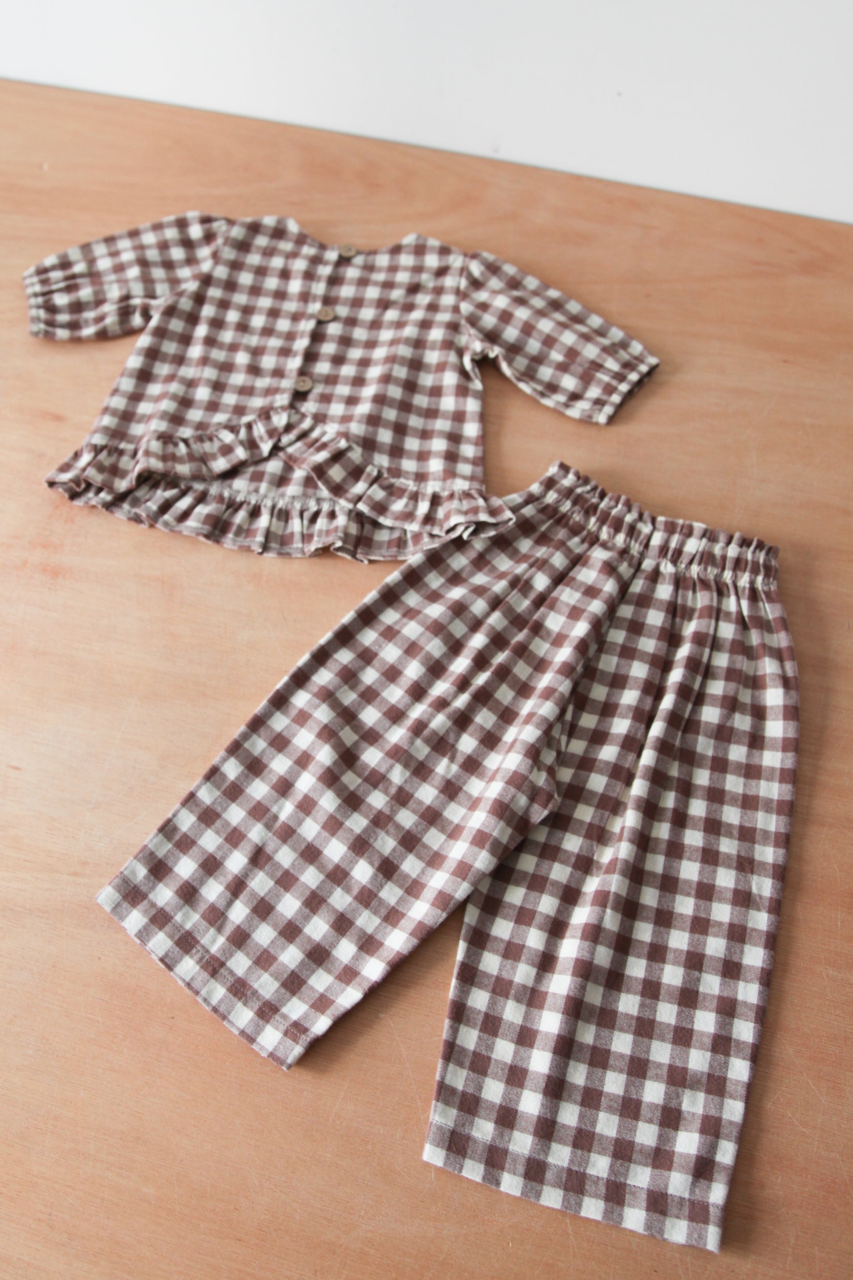 WHOLESALE Brown/Check Cotton Button Back Frill Top