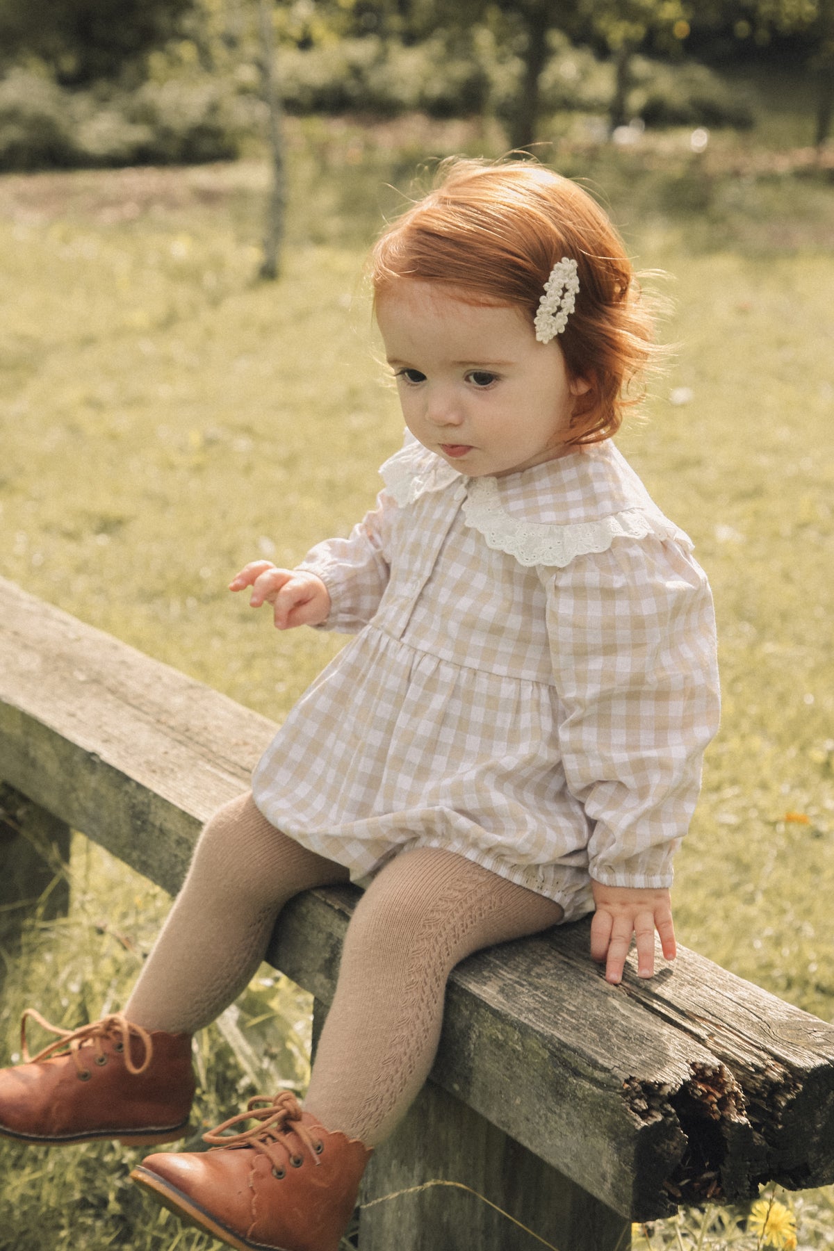 Light Cotton Beige/Check Broderie Frill Collar Romper