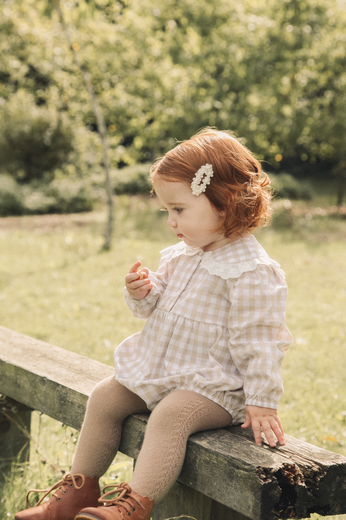 Light Cotton Beige/Check Broderie Frill Collar Romper