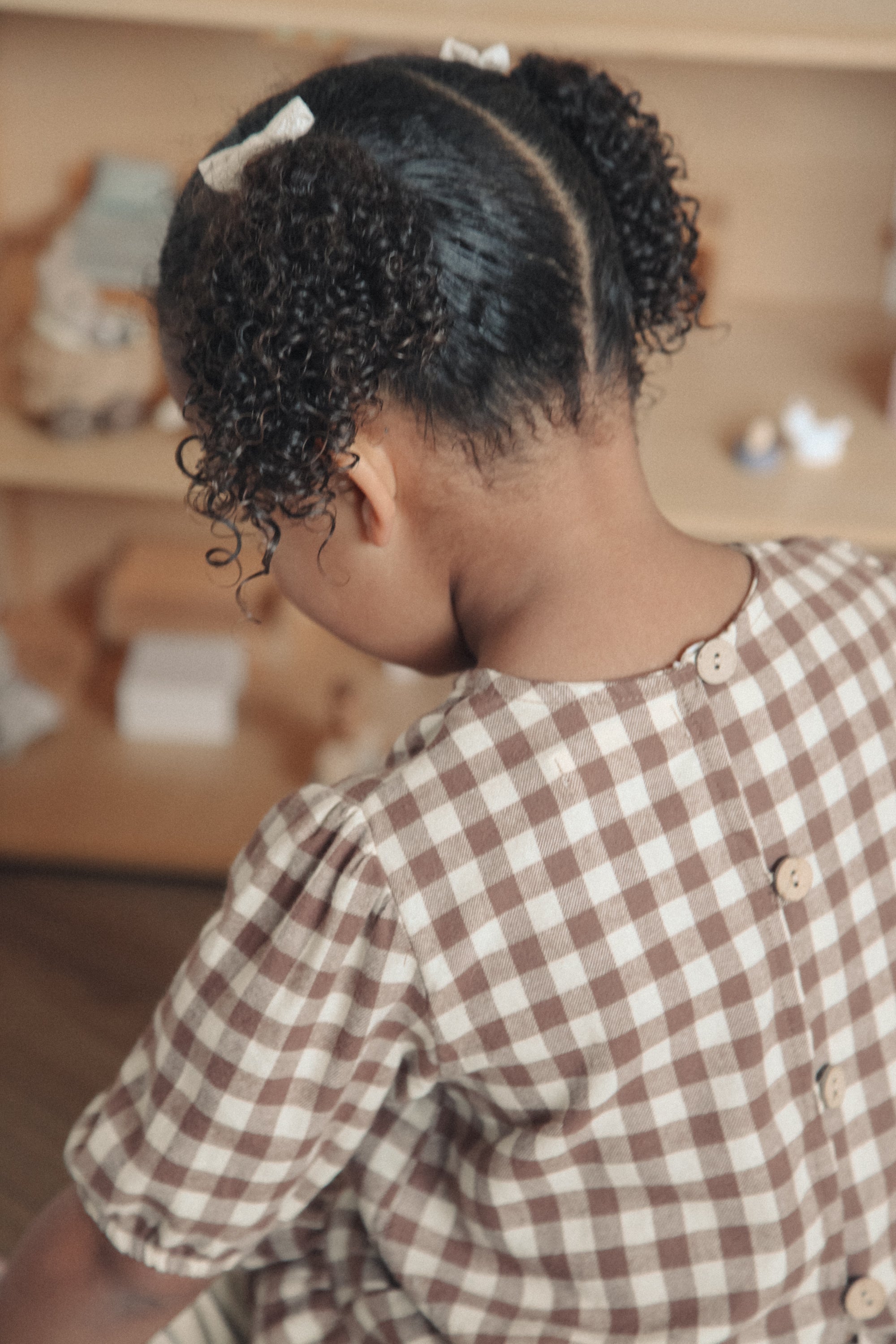 Brown/Check Cotton Button Back Frill Top
