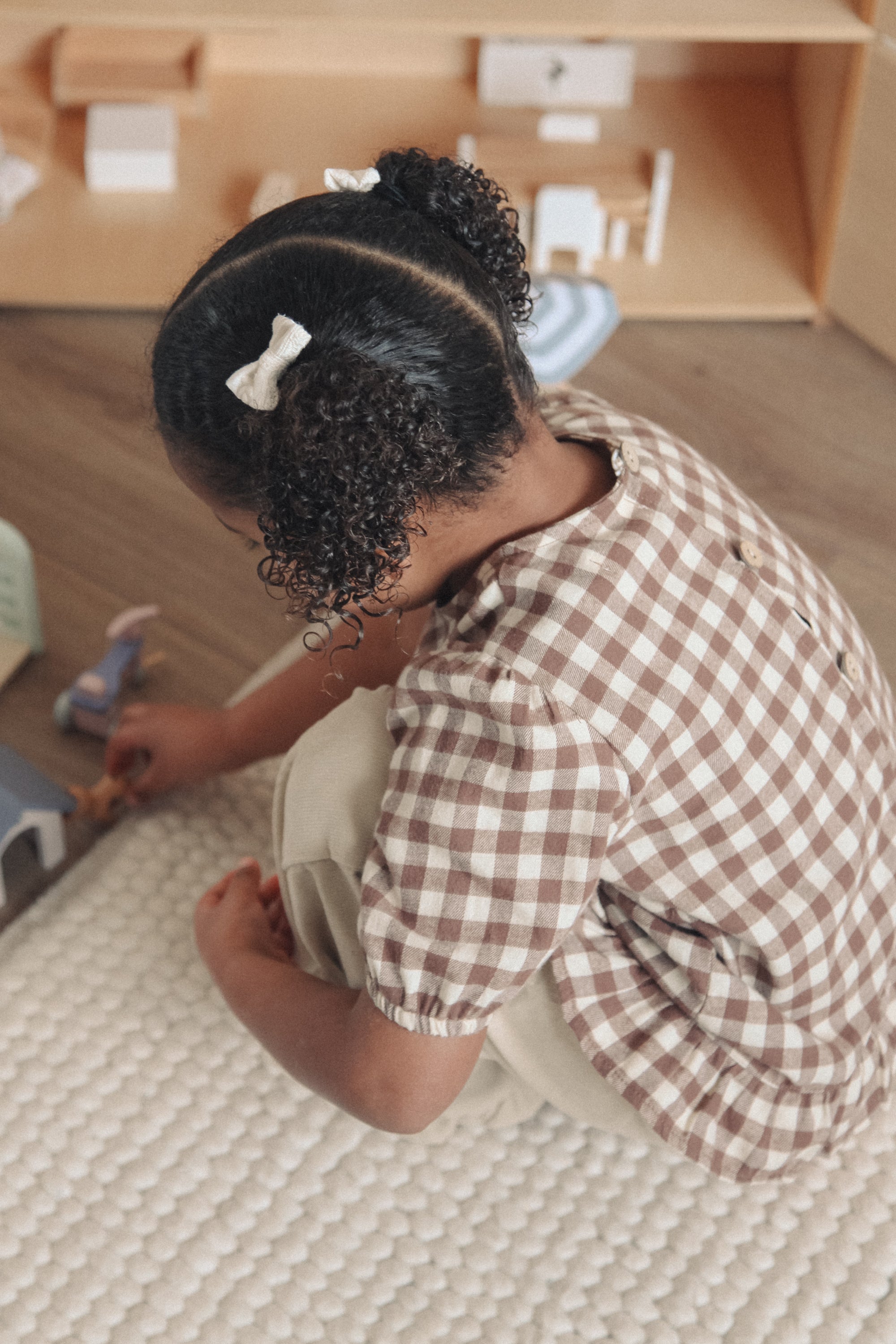 Brown/Check Cotton Button Back Frill Top