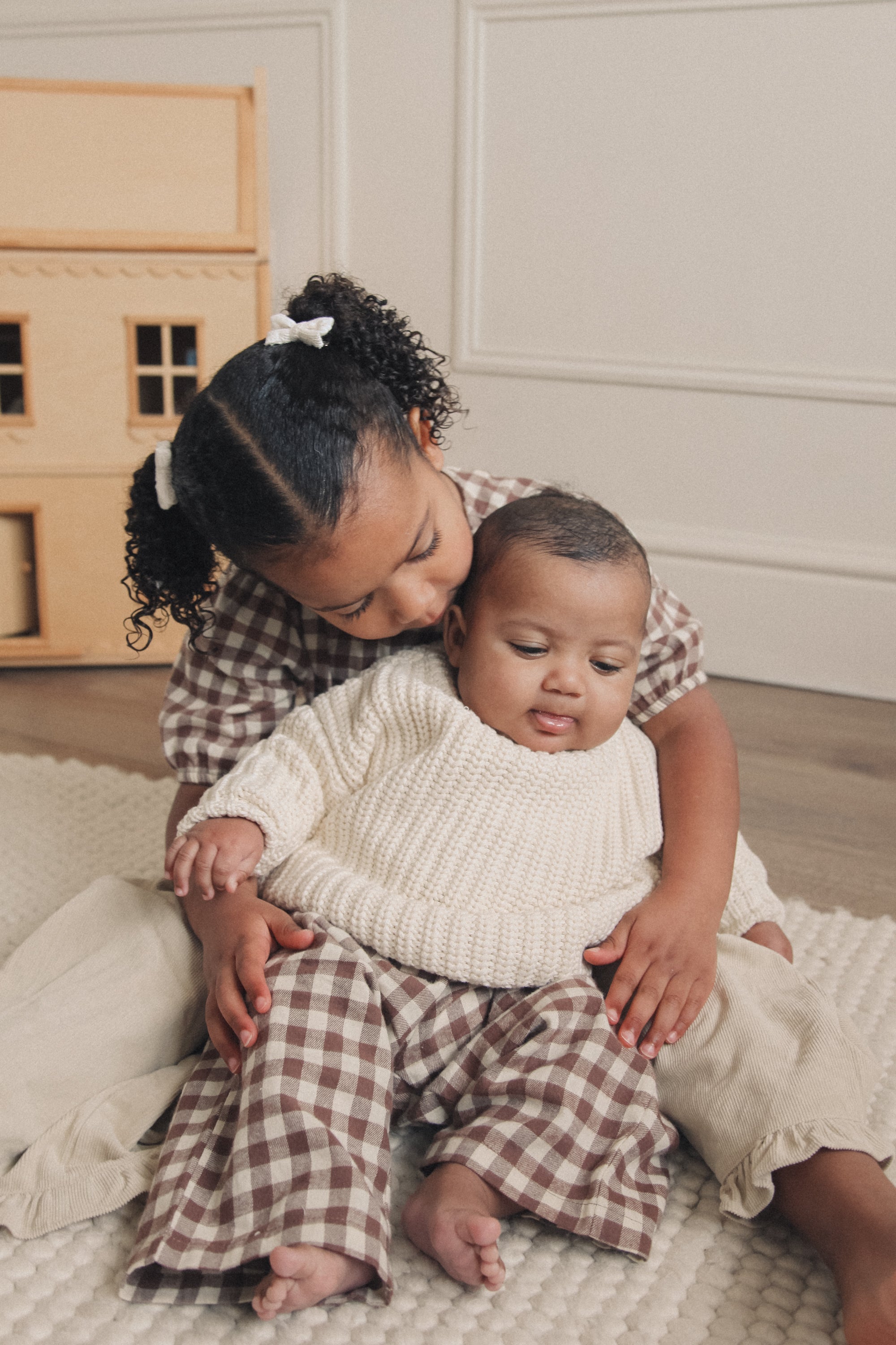 Brown/Check Brushed Cotton Wide Leg Trousers