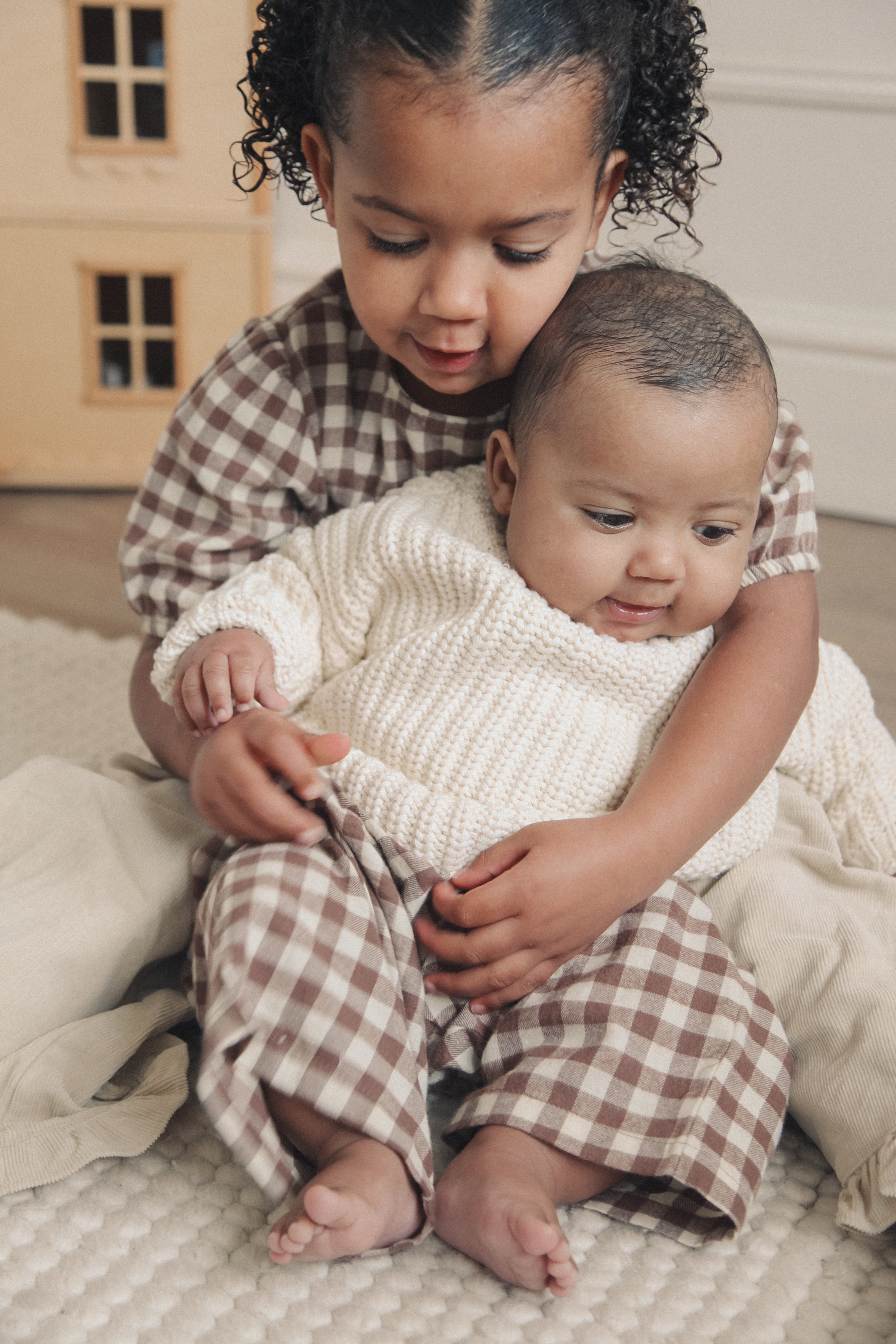 Brown/Check Brushed Cotton Wide Leg Trousers