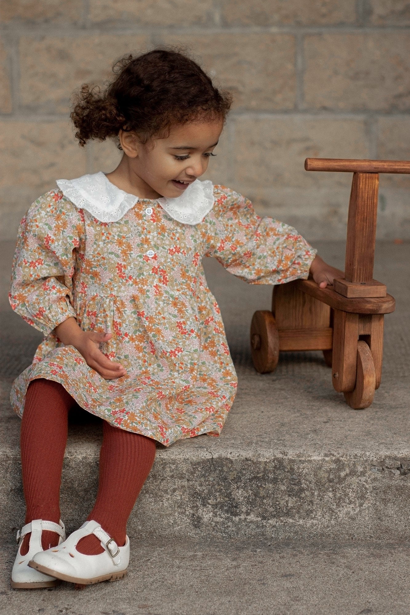 Autumn Floral & White Broderie Oversized Collar Dress