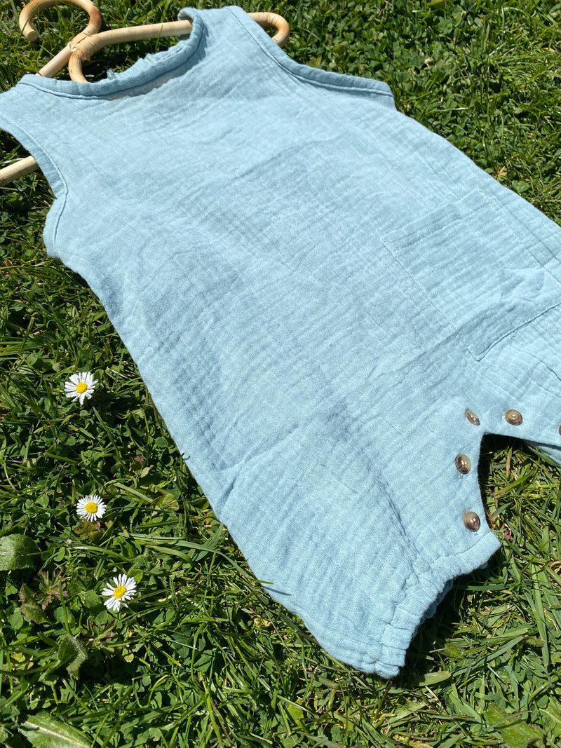 Soft Dusky Blue Textured Side Pocket Shorts Romper