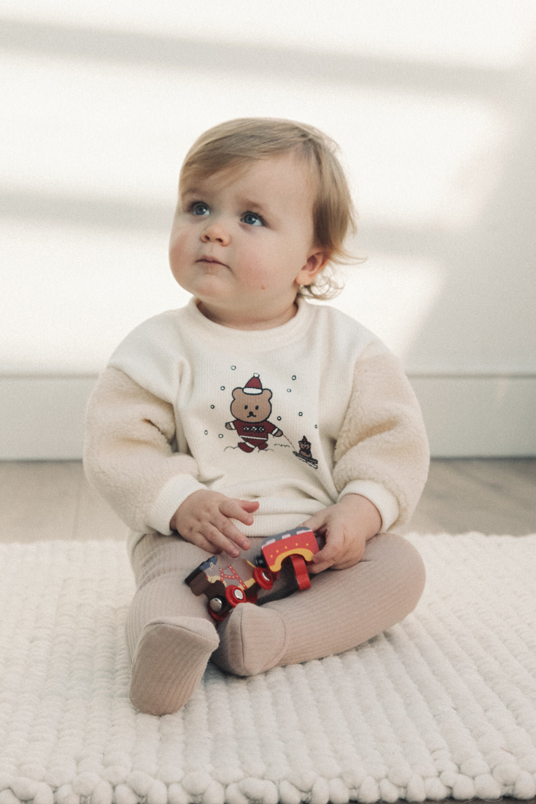 Unisex Cream Boucle Fleece Sleeve Christmas Bear Jumper