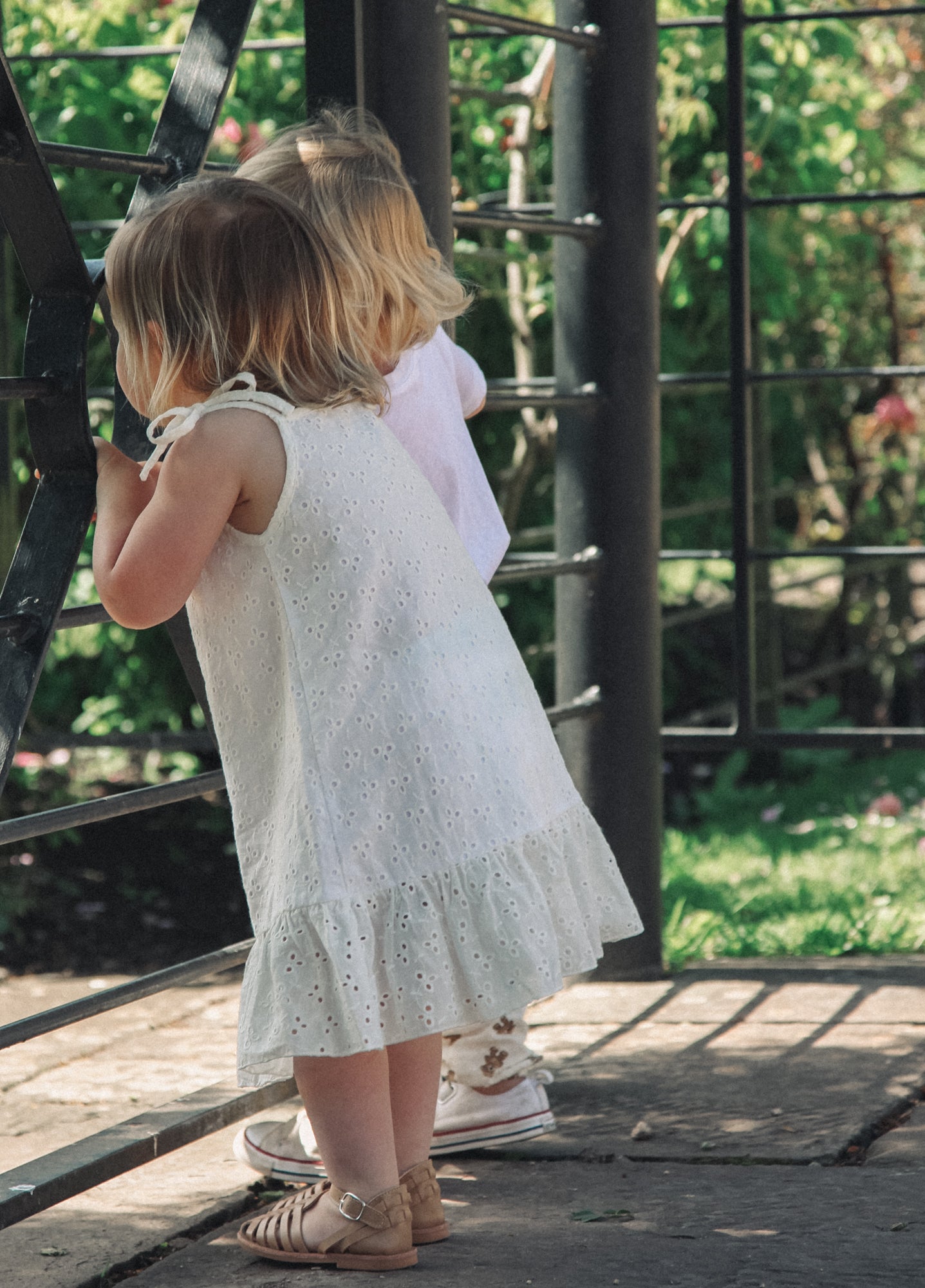 Minnie and Monty Tie Shoulder Frill Dress in White Broderie Anglaise