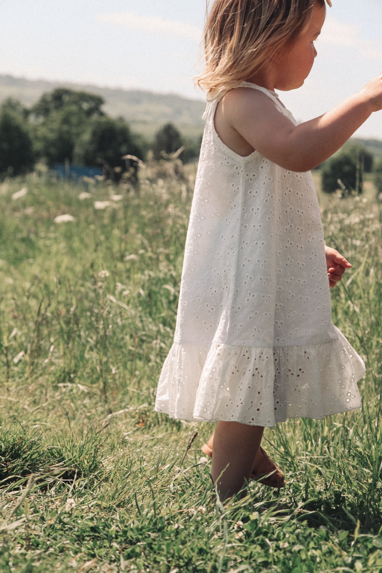 Minnie and Monty Tie Shoulder Frill Dress in White Broderie Anglaise